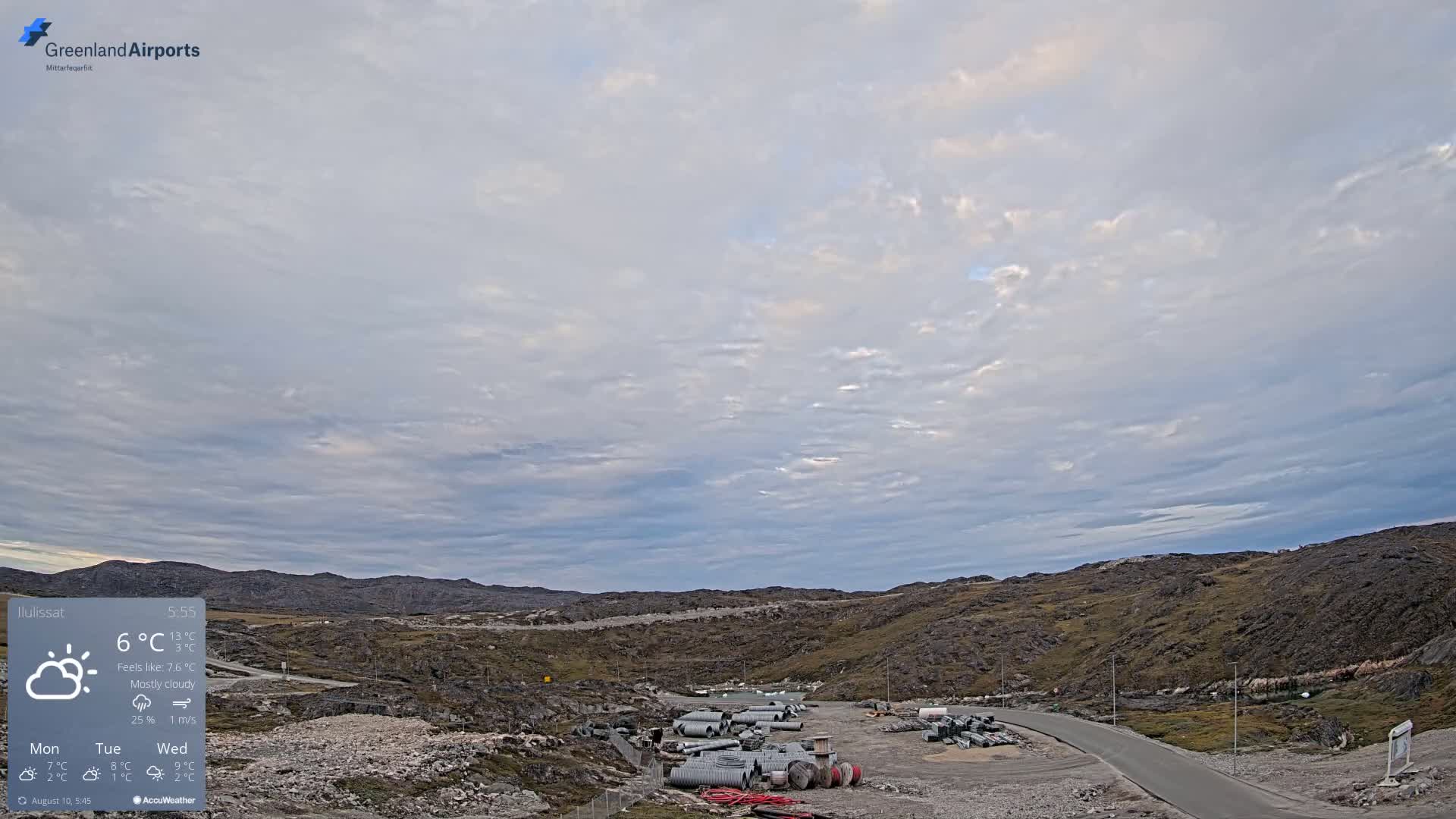 A mostly cloudy sky over a rocky, sparsely vegetated landscape with a road and construction materials in the foreground.