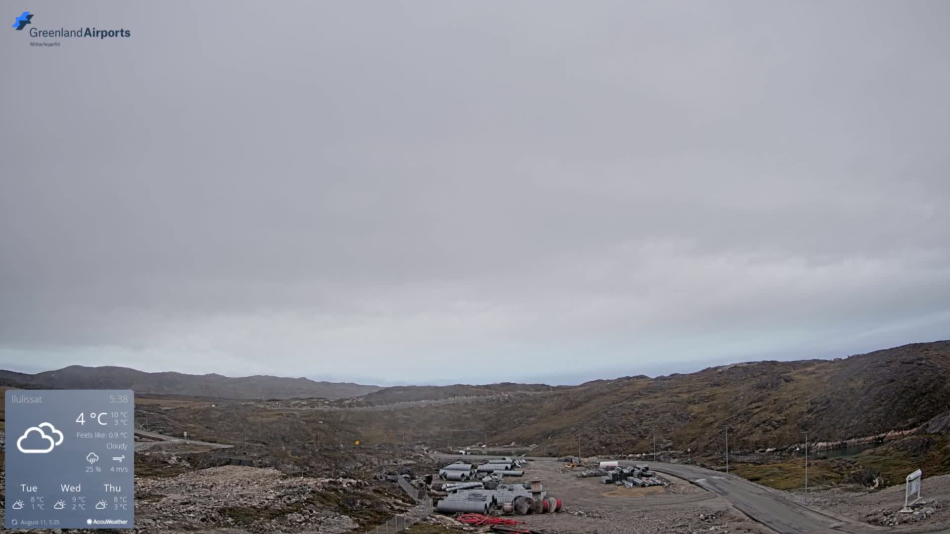 A cloudy, cool day reveals a rocky, sparsely vegetated landscape with a pile of metal pipes and other construction materials near a road overlooking a body of water.