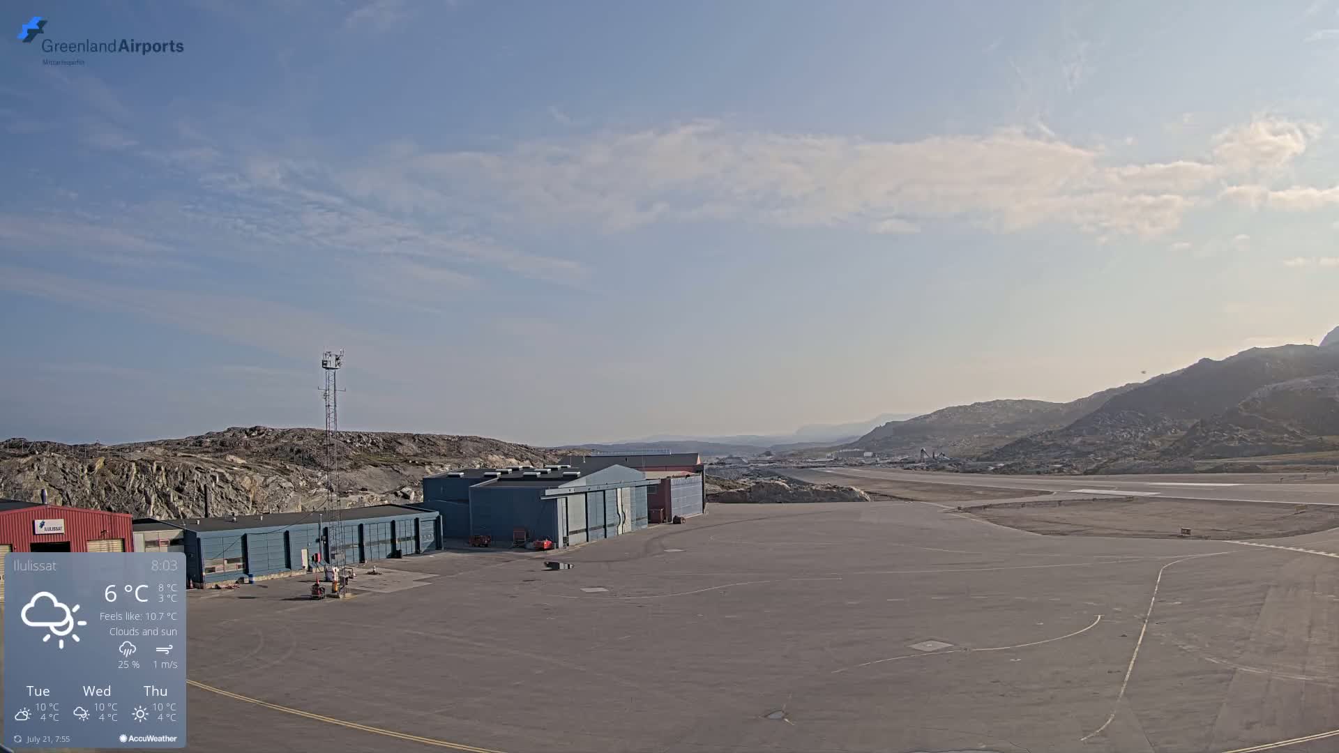 Mittarfik Ilulissat Airport North Towards View Live Cam JAV / BGJN - Ilulissat, Avannaata, Greenland, Denmark