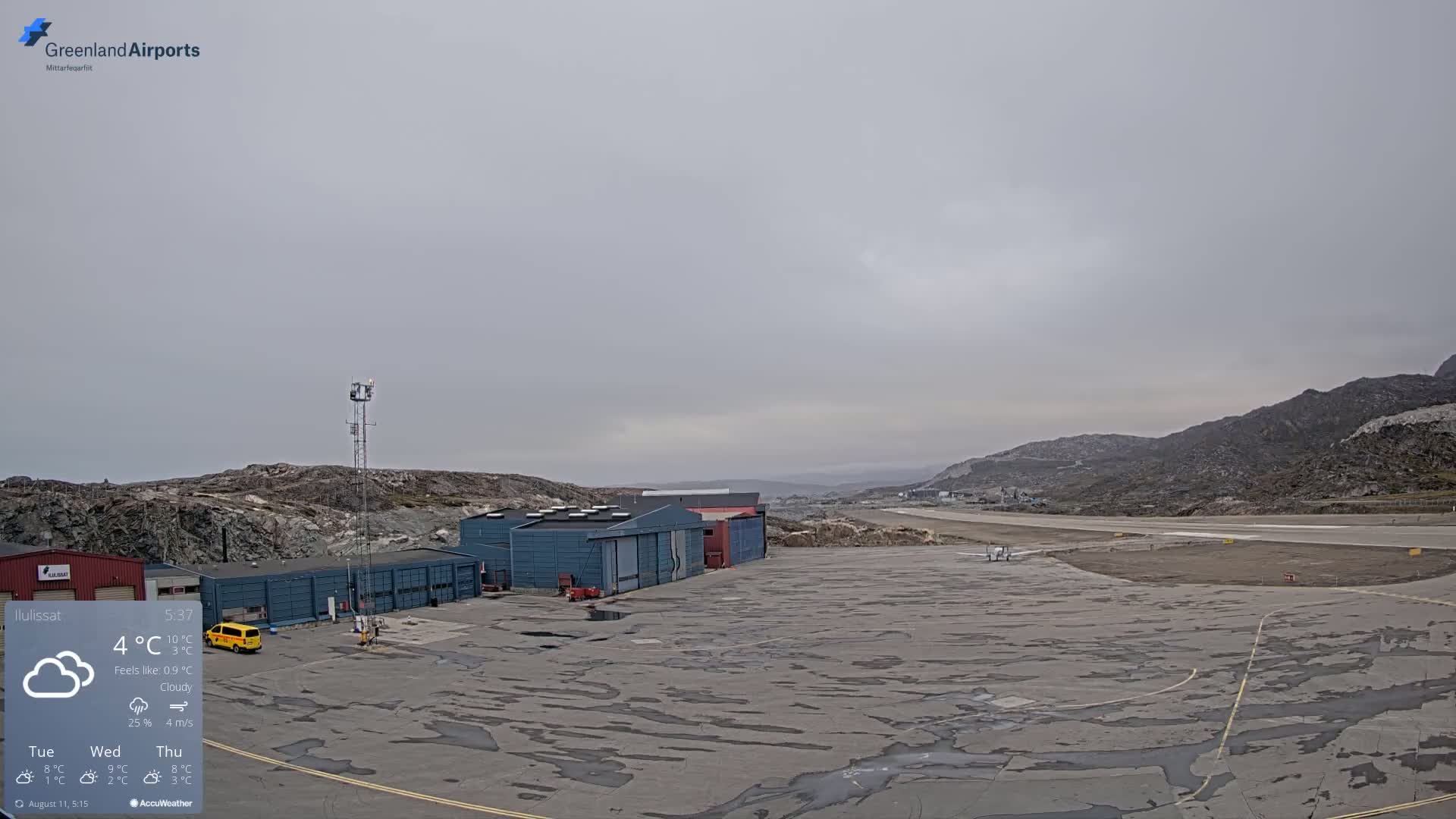 A cloudy, overcast day at a small airport, featuring a tarmac with puddles, several buildings, and a runway leading toward barren, rocky hills.