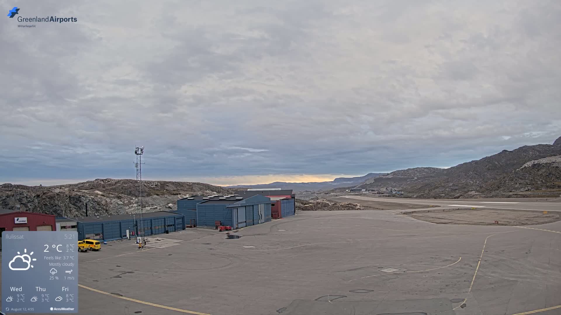 An airport tarmac with several buildings and a runway is visible under a mostly cloudy sky.