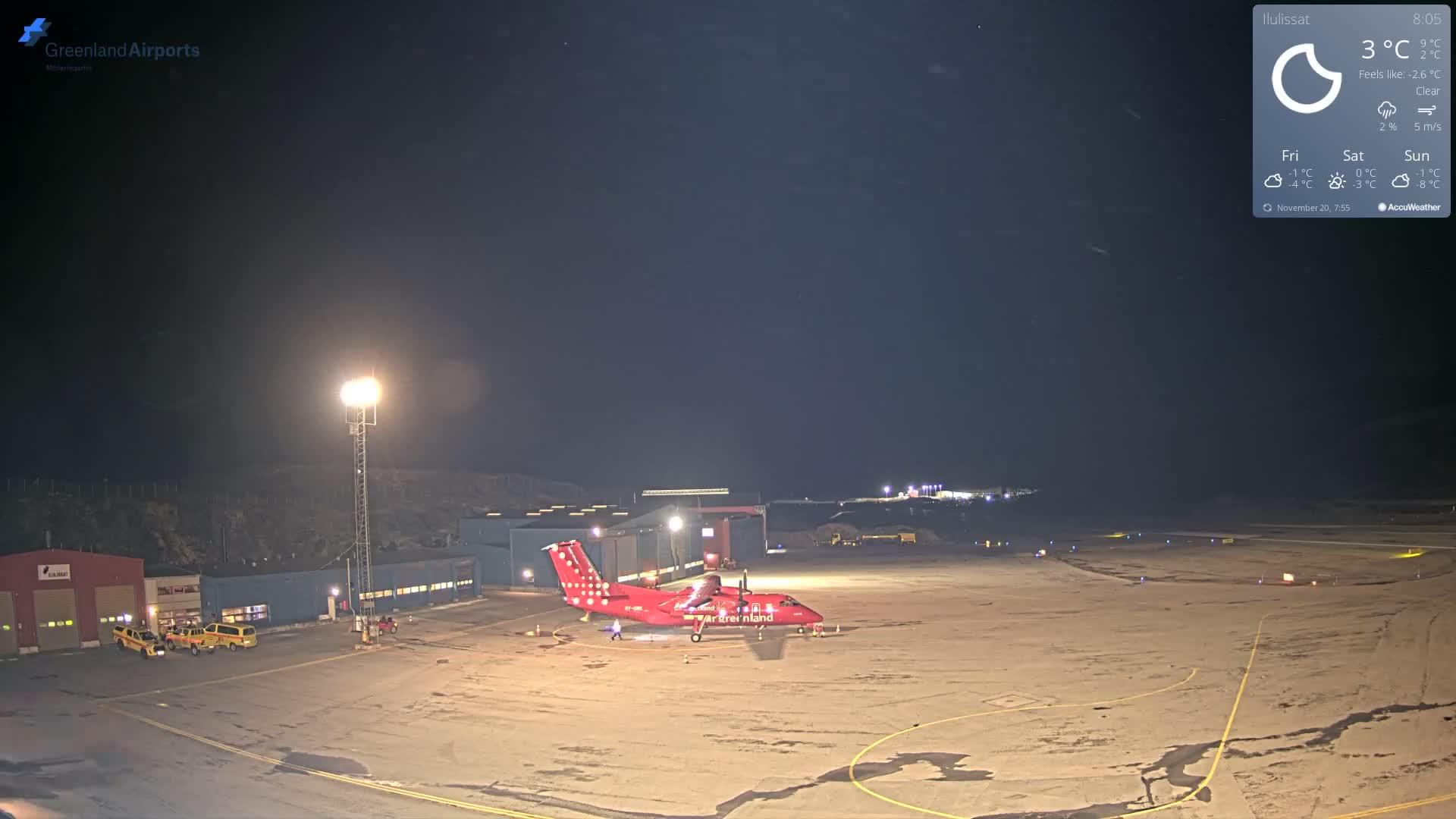 A red turboprop aircraft is parked on an brightly lit airport tarmac at night, surrounded by buildings and ground vehicles under a clear, dark sky.