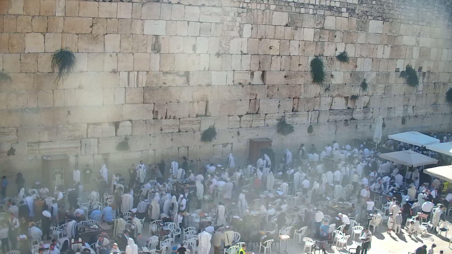 A large group of people, many wearing white, are gathered at the Western Wall on a hazy, sunny day.