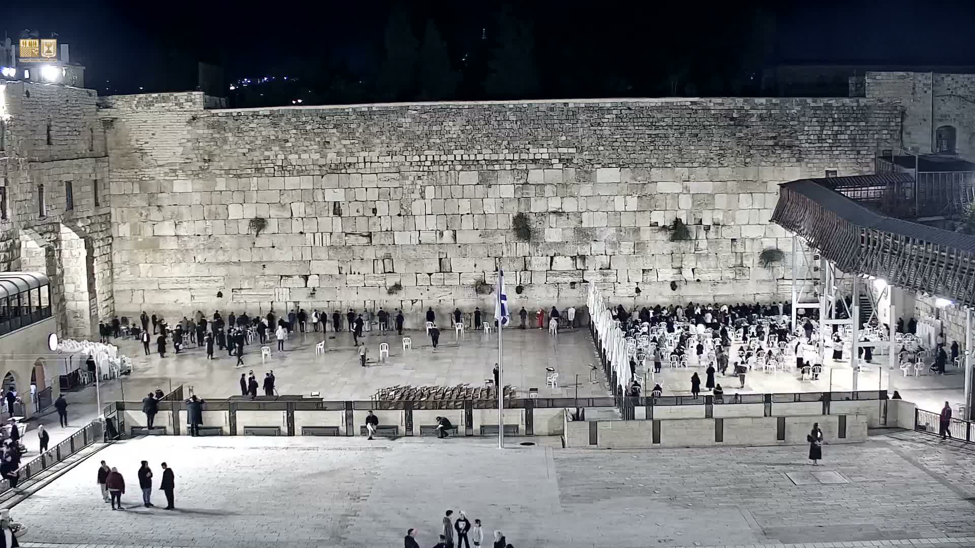 On a bright, clear day, numerous people are gathered and praying in the paved plaza before the ancient Western Wall, with a flagpole, temporary seating, and a modern walkway visible under a clear blue sky.