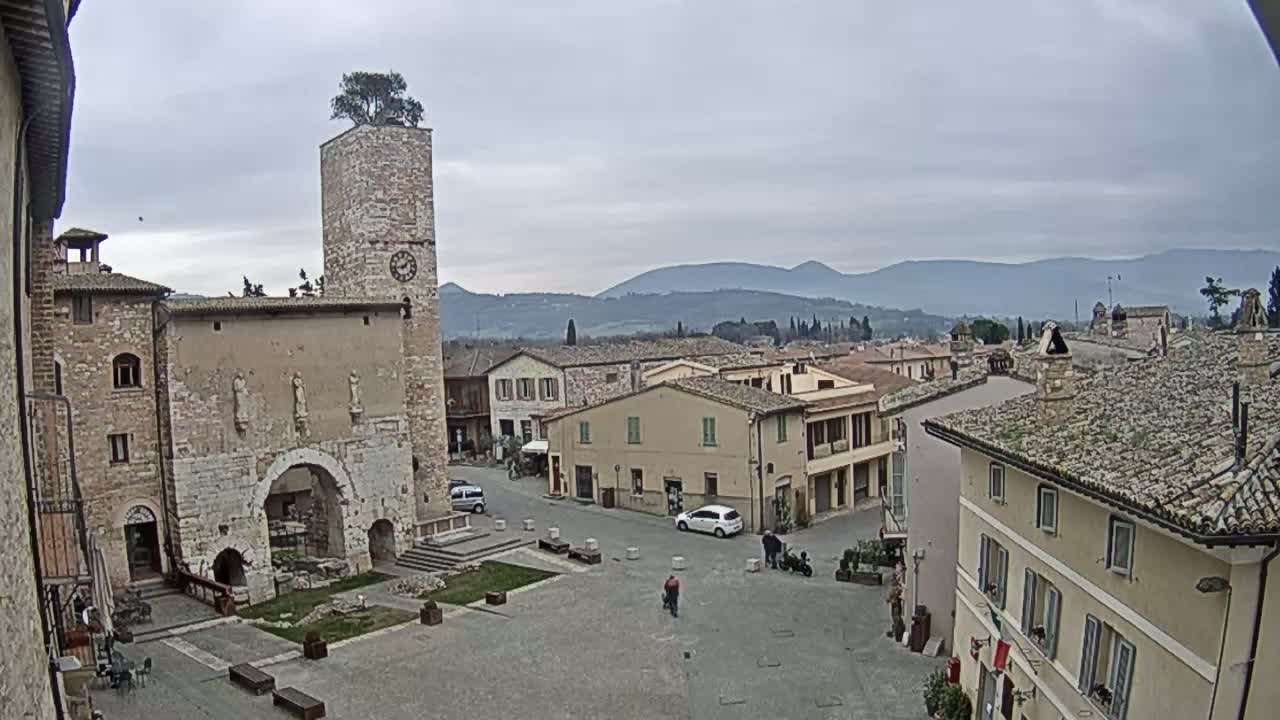 A town square in a historic Italian town, under an overcast sky, features stone buildings, a clock tower with a tree on top, and a few people and cars.