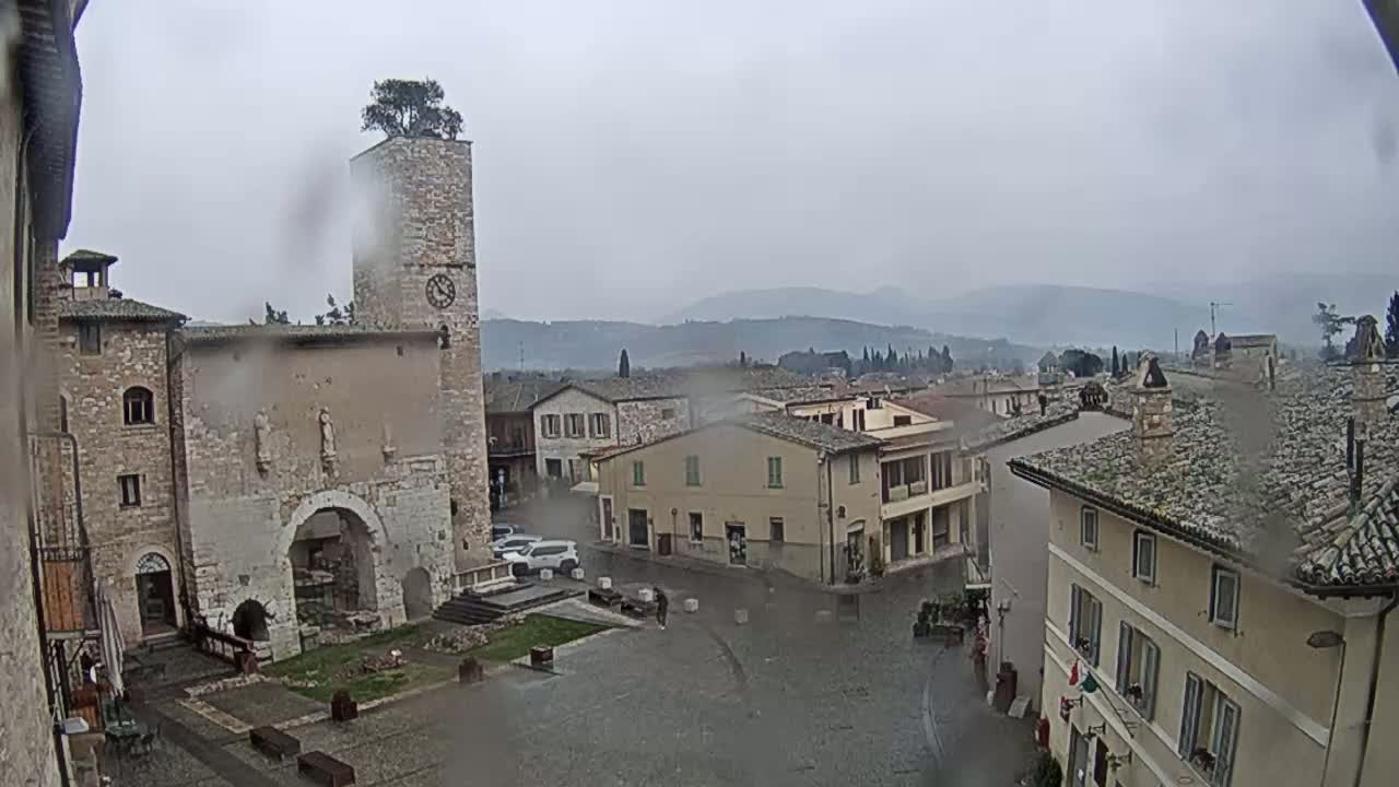 A town square with stone buildings, a clock tower topped with a tree, and cars parked nearby, viewed on a rainy day with hazy mountains in the distance.