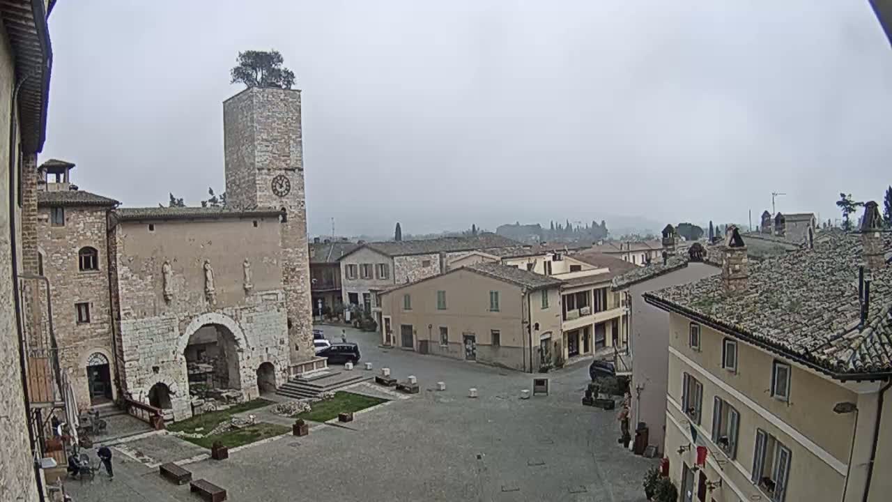 A stone town square, under an overcast sky, is surrounded by old buildings, one of which has a tall clock tower with a tree on top.