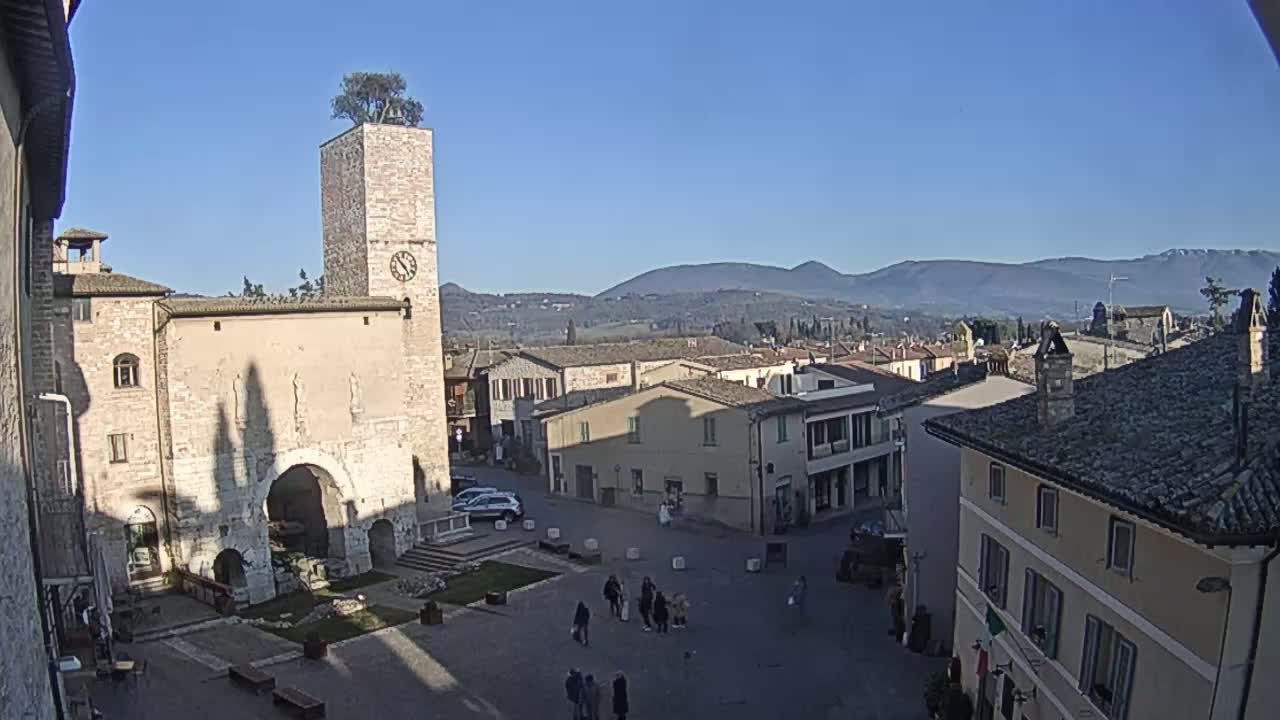 A town square with a clock tower topped with a tree, surrounded by stone buildings, under a clear blue sky and distant mountains.