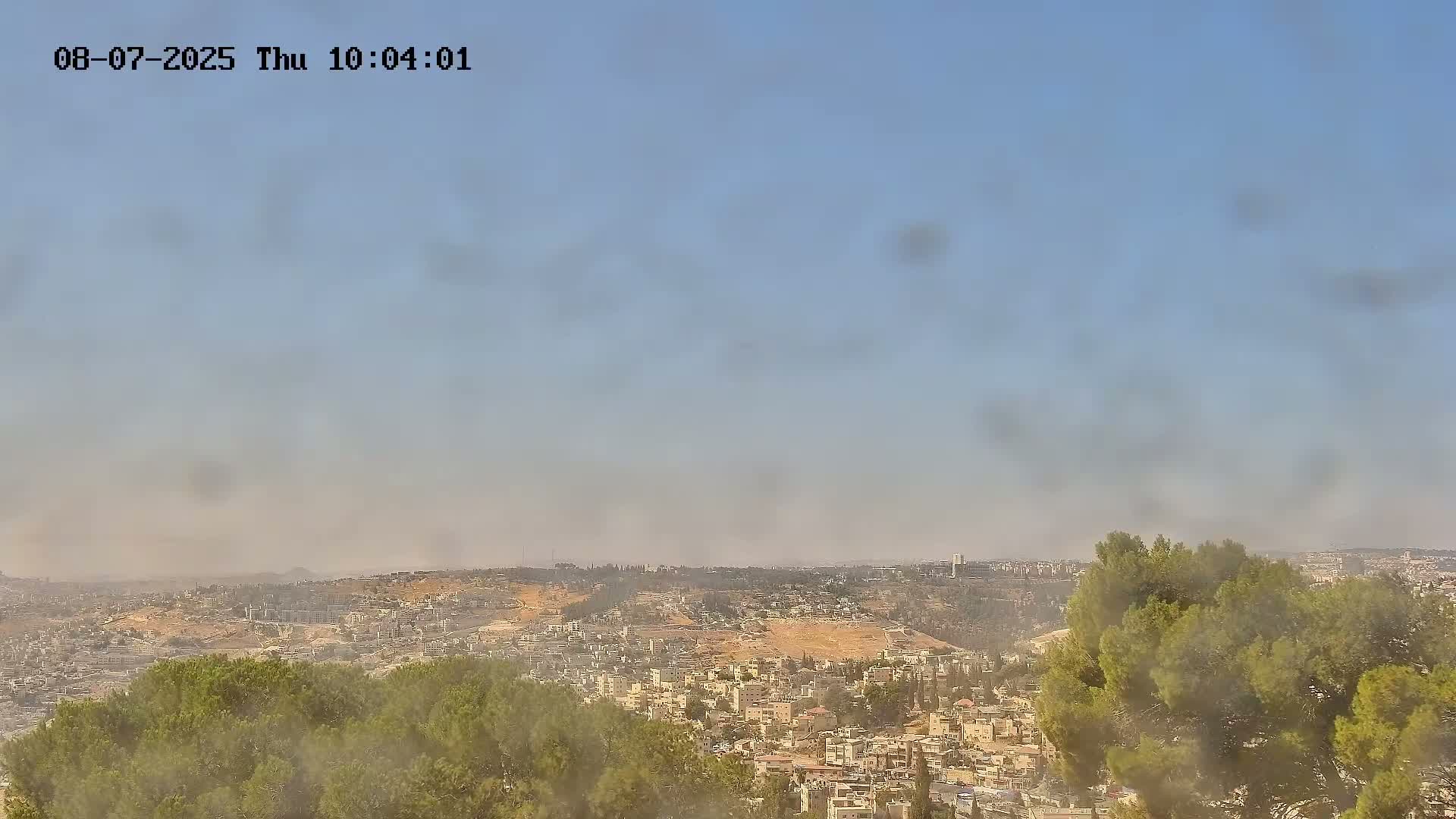 A hazy, distant view of a city nestled in rolling hills, seen from an elevated vantage point with green trees in the foreground.