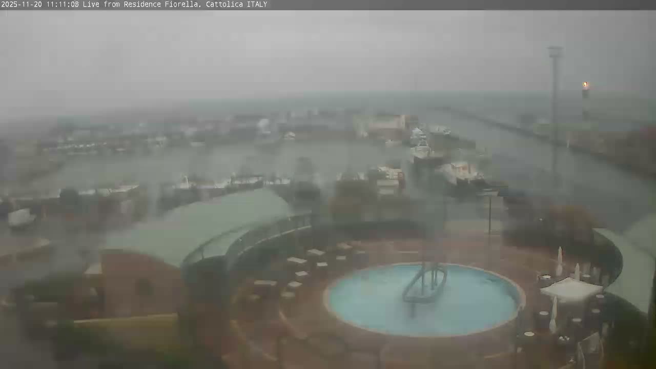 A blurry, high-angle view reveals an outdoor swimming pool and deck surrounded by buildings and a distant harbor with boats, all obscured by heavy rain or fog under a completely overcast sky.
