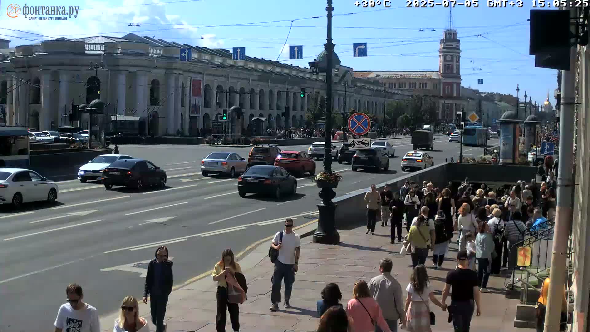 A sunny day shows a city street with cars and pedestrians; a large building with columns is visible in the background.