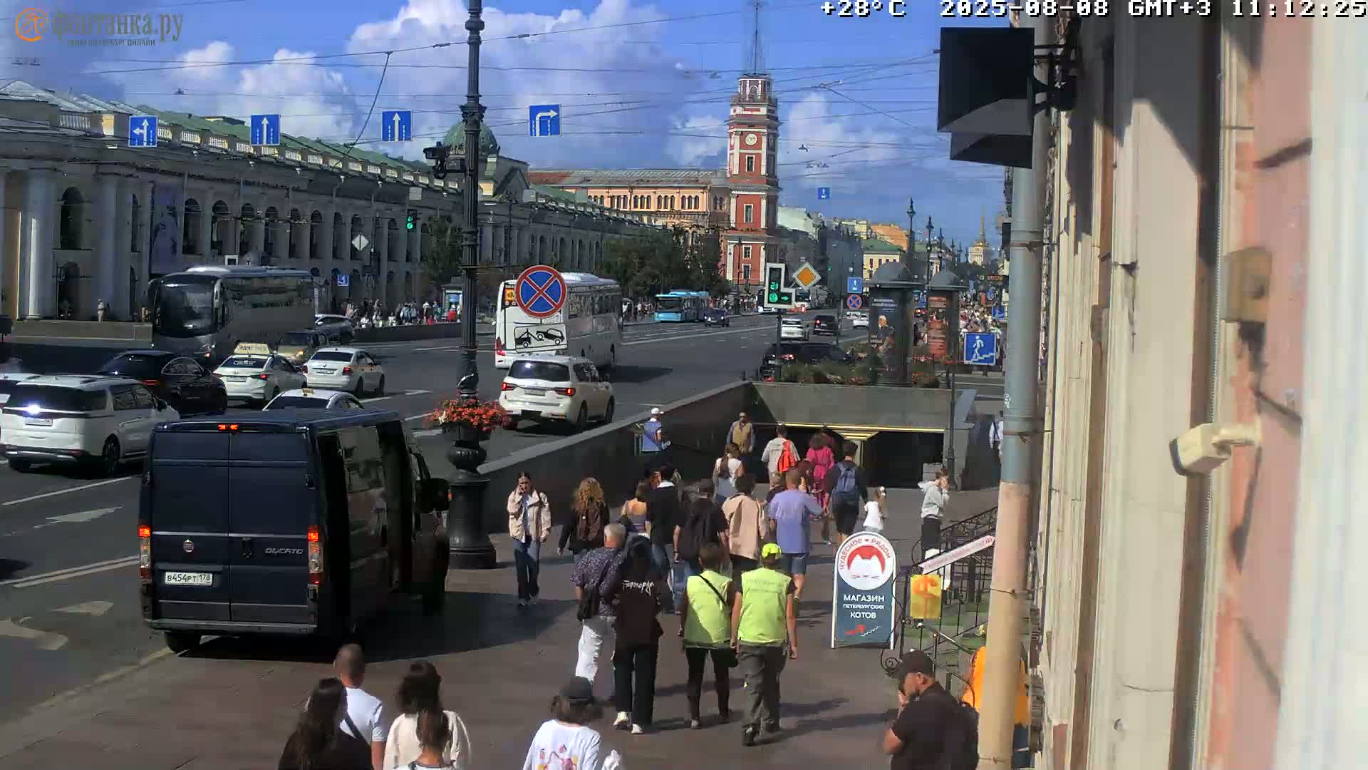 A sunny city street scene shows pedestrians walking on a sidewalk next to a roadway with cars and buses, under a partly cloudy sky.