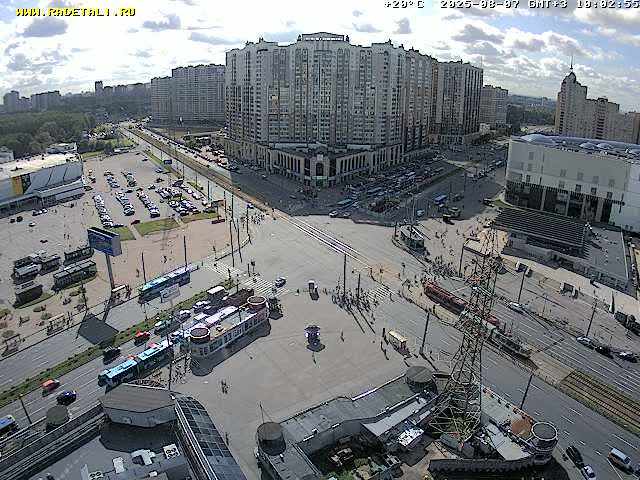 A high-angle view shows a city intersection with numerous vehicles, pedestrians, and buildings under partly sunny skies.