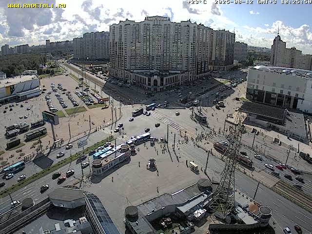 A high-angle, sunny view shows a city intersection with multiple roads, buildings, parked cars, buses, and pedestrians under a partly cloudy sky.