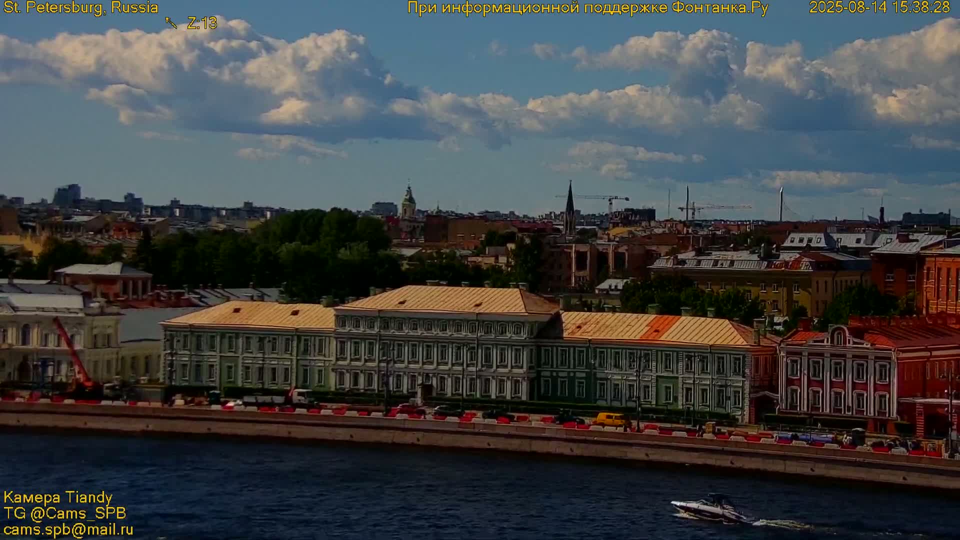 St. Petersburg, Reka Neva River Coasts Panaromic Zoom Skyline Live Cam  - Admiralteysky Okrug, Admiralteysky, Saint Petersburg, Northwestern (Severo-Zapadnyy), Russia