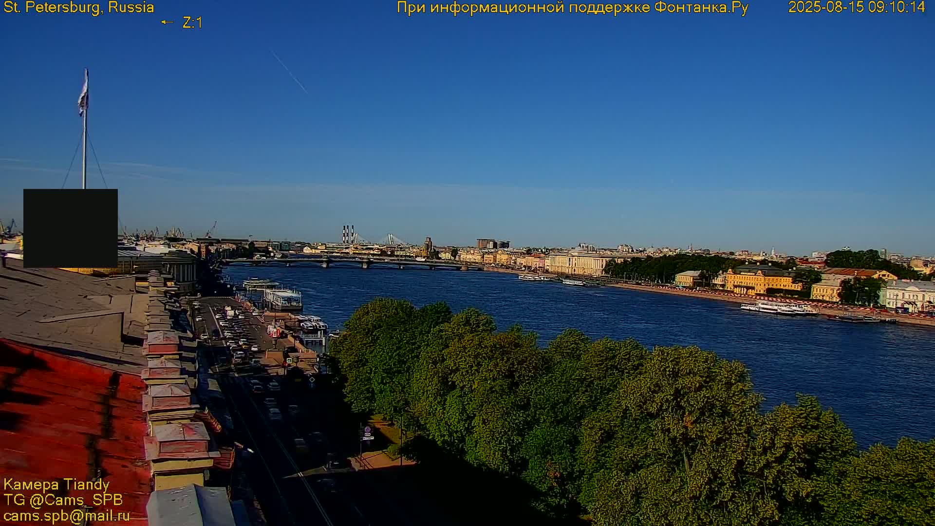 St. Petersburg, Reka Neva River Coasts Panaromic Zoom Skyline Live Cam  - Admiralteysky Okrug, Admiralteysky, Saint Petersburg, Northwestern (Severo-Zapadnyy), Russia