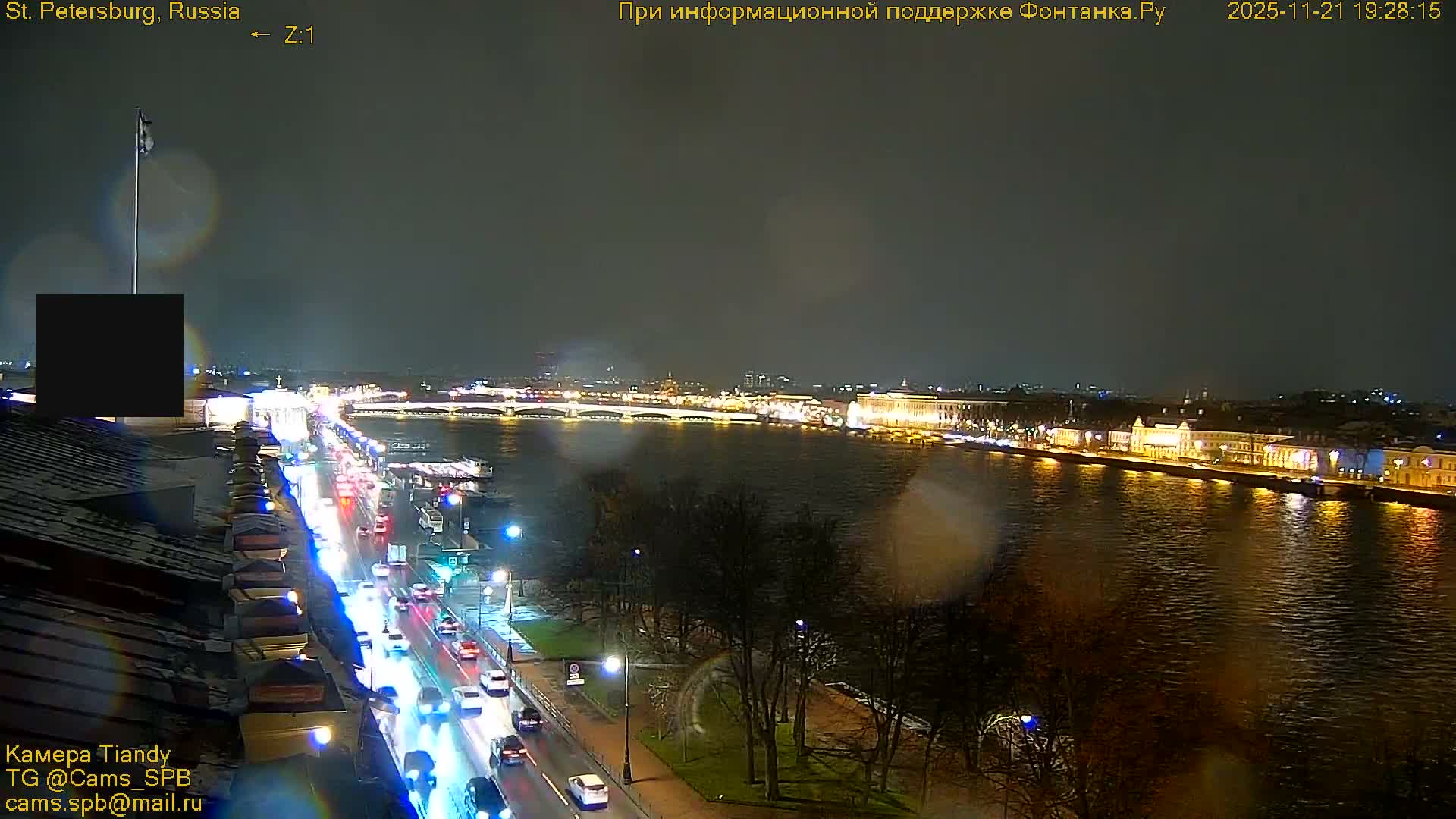 St. Petersburg, Reka Neva River Coasts Panaromic Zoom Skyline Live Cam  - Admiralteysky Okrug, Admiralteysky, Saint Petersburg, Northwestern (Severo-Zapadnyy), Russia