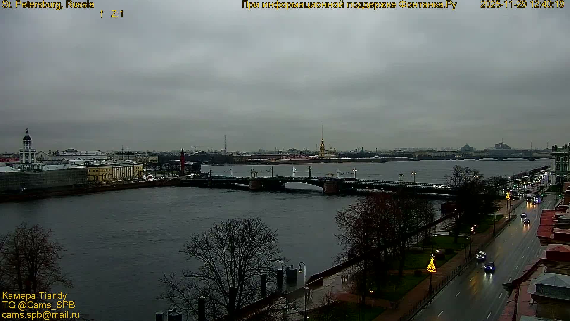 On a gloomy, overcast day with wet streets, a wide river spans the center of a city, flanked by bare trees and historic buildings including a distant golden spire, while multiple bridges cross the water and cars drive along the right bank.