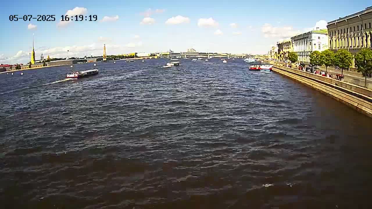 A wide river with several boats on it, a city with buildings along one bank under a mostly sunny sky.