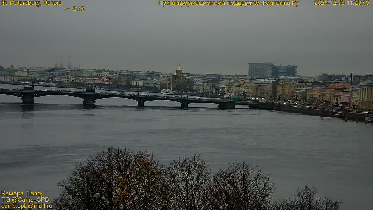 An overcast day presents a wide shot of a city along a grey river, featuring a multi-arched bridge with active traffic, a diverse cityscape including a prominent domed building and a white boat, all framed by bare trees in the foreground.