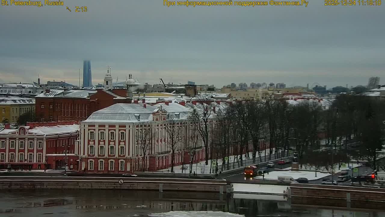 An overcast winter sky looms over a snow-covered city featuring historic buildings, a busy street with bare trees, a partially frozen waterway, and a distant tall blue skyscraper.