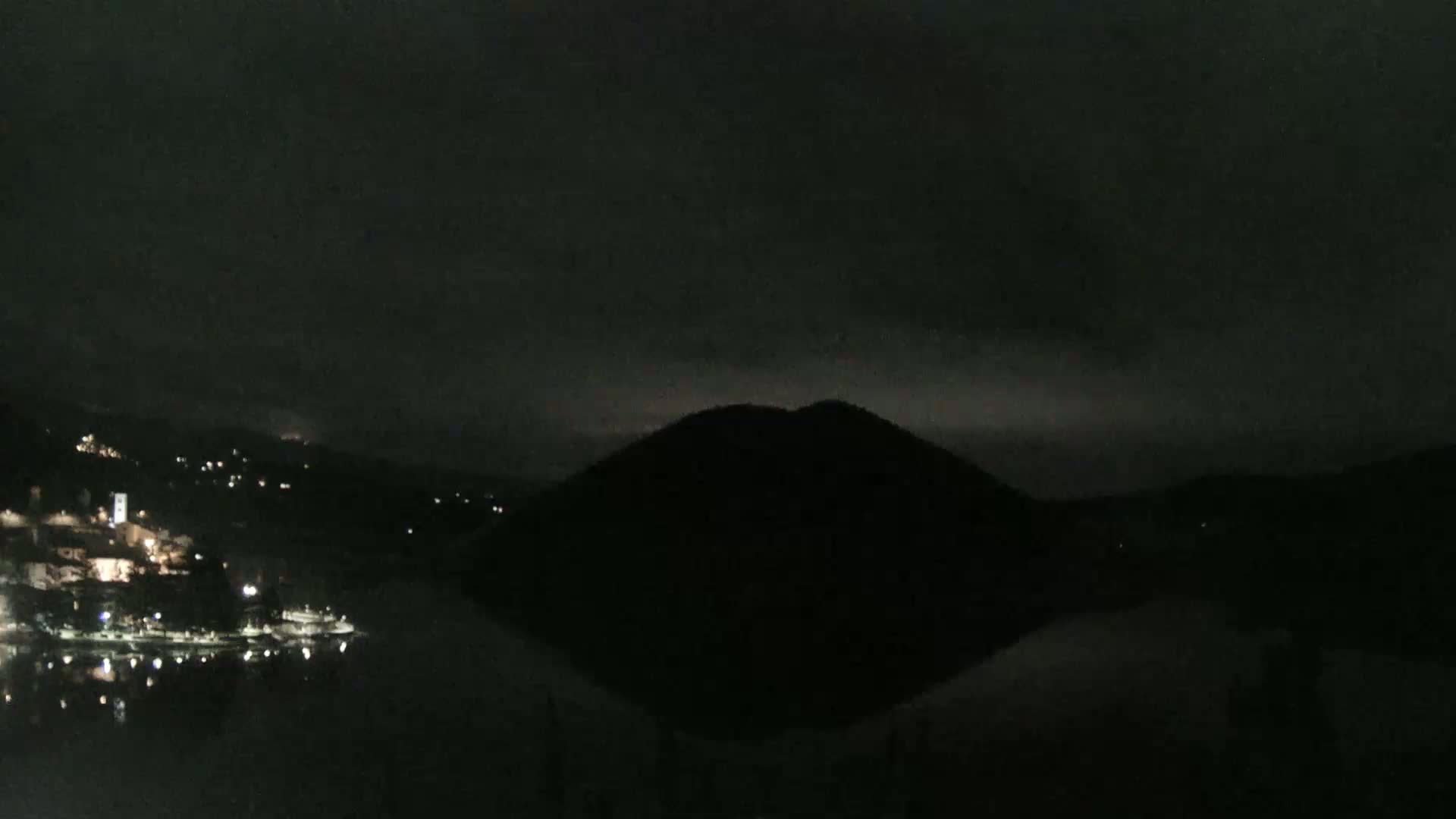 A dark, nighttime view shows a lake reflecting a silhouetted hill, with a small town illuminated by scattered lights on the opposite shore under a mostly cloudy sky.