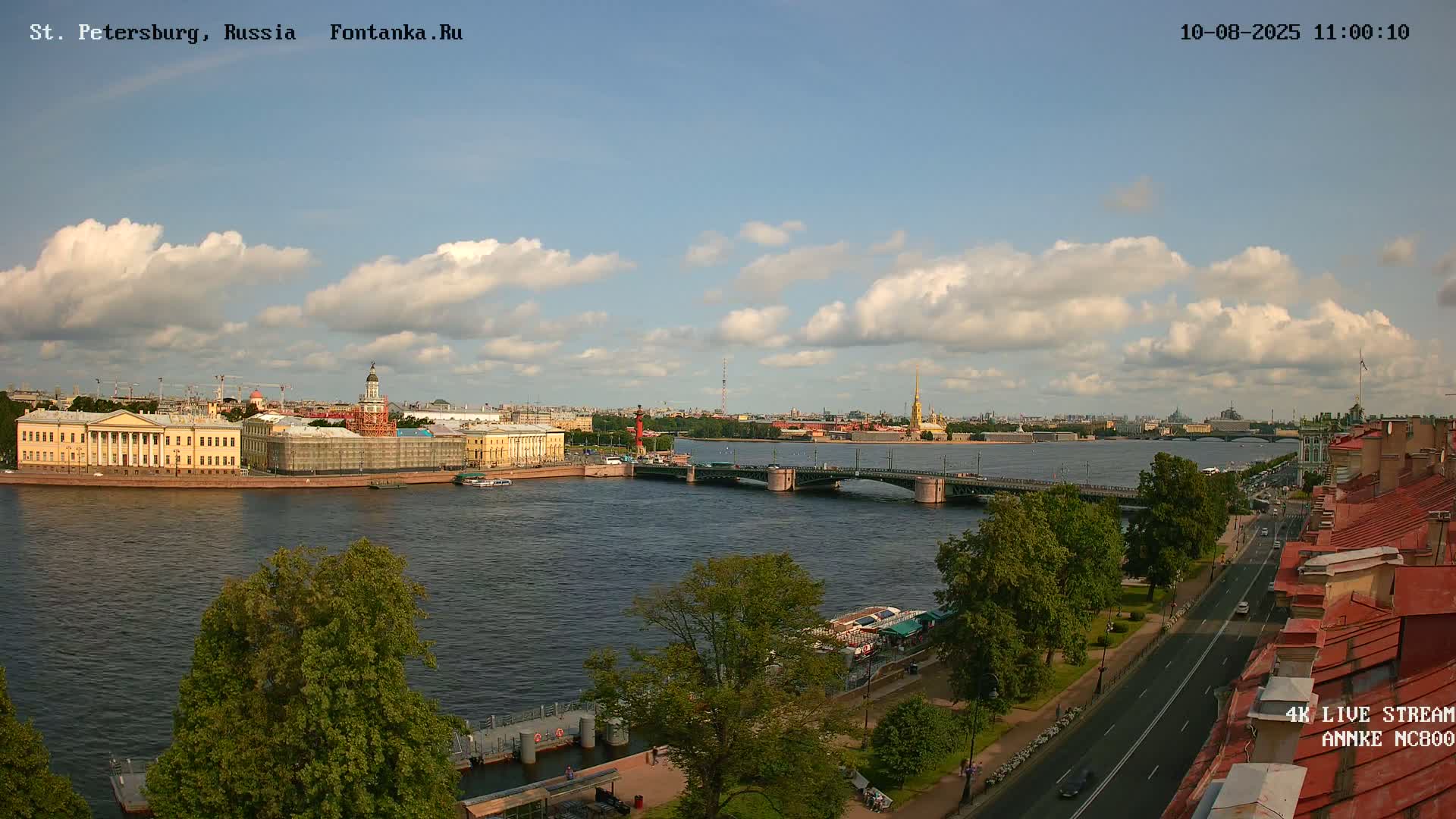 A partly cloudy sky overlooks a wide river with bridges, buildings, and boats under it, and a roadway with trees lining it on the right.