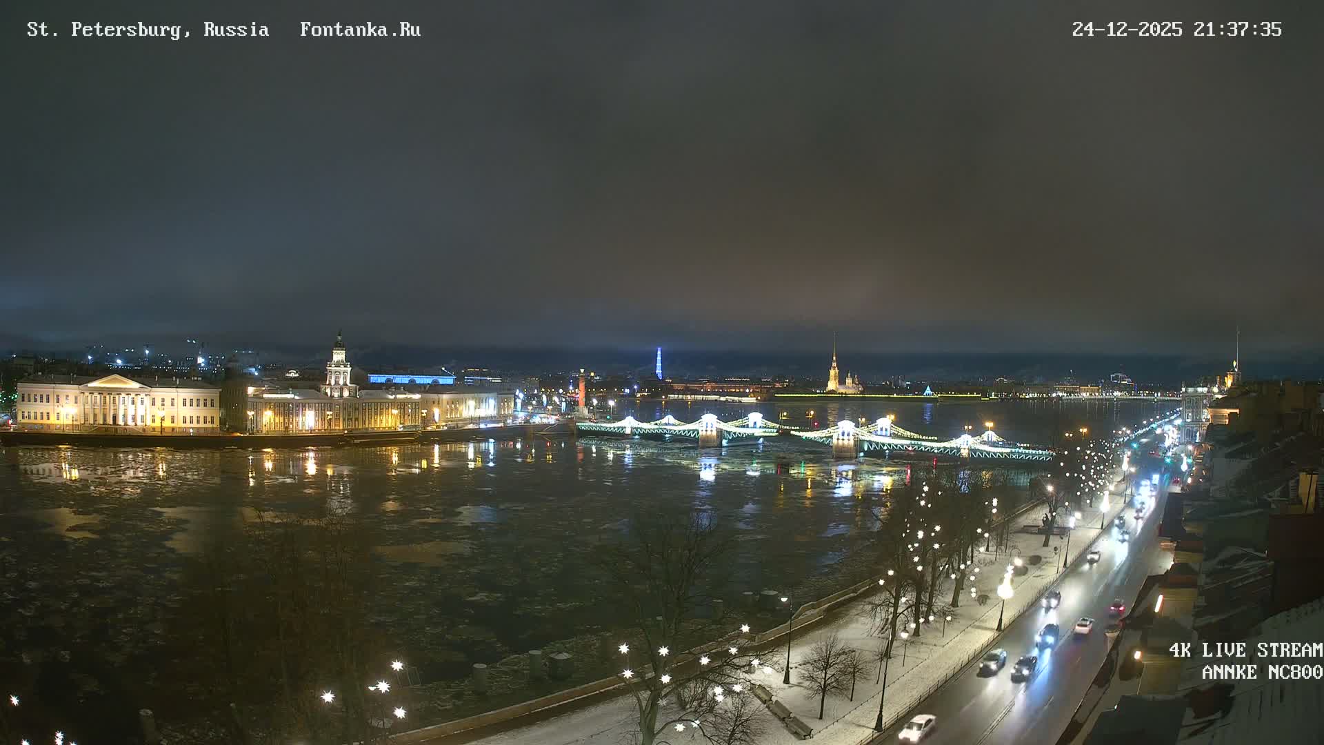 The image shows a panoramic view of a snowy St. Petersburg cityscape on a cold, overcast winter day, featuring a partially frozen river with ice floes, historic buildings lining its banks, and a snow-dusted street with light traffic.