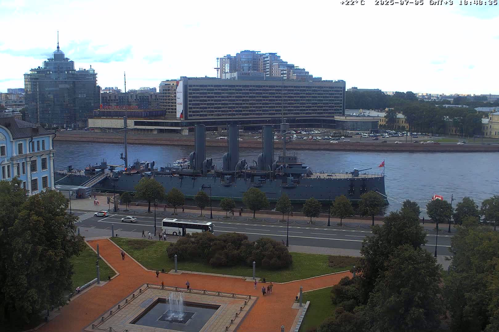 Museum of Russian Historic Cruiser Ship/Aurora Concert Hall & East St. Petersburg Skyline Live Cam - Posadsky, Petrogradsky, Saint Petersburg, Northwestern (Severo-Zapadnyy), Russia