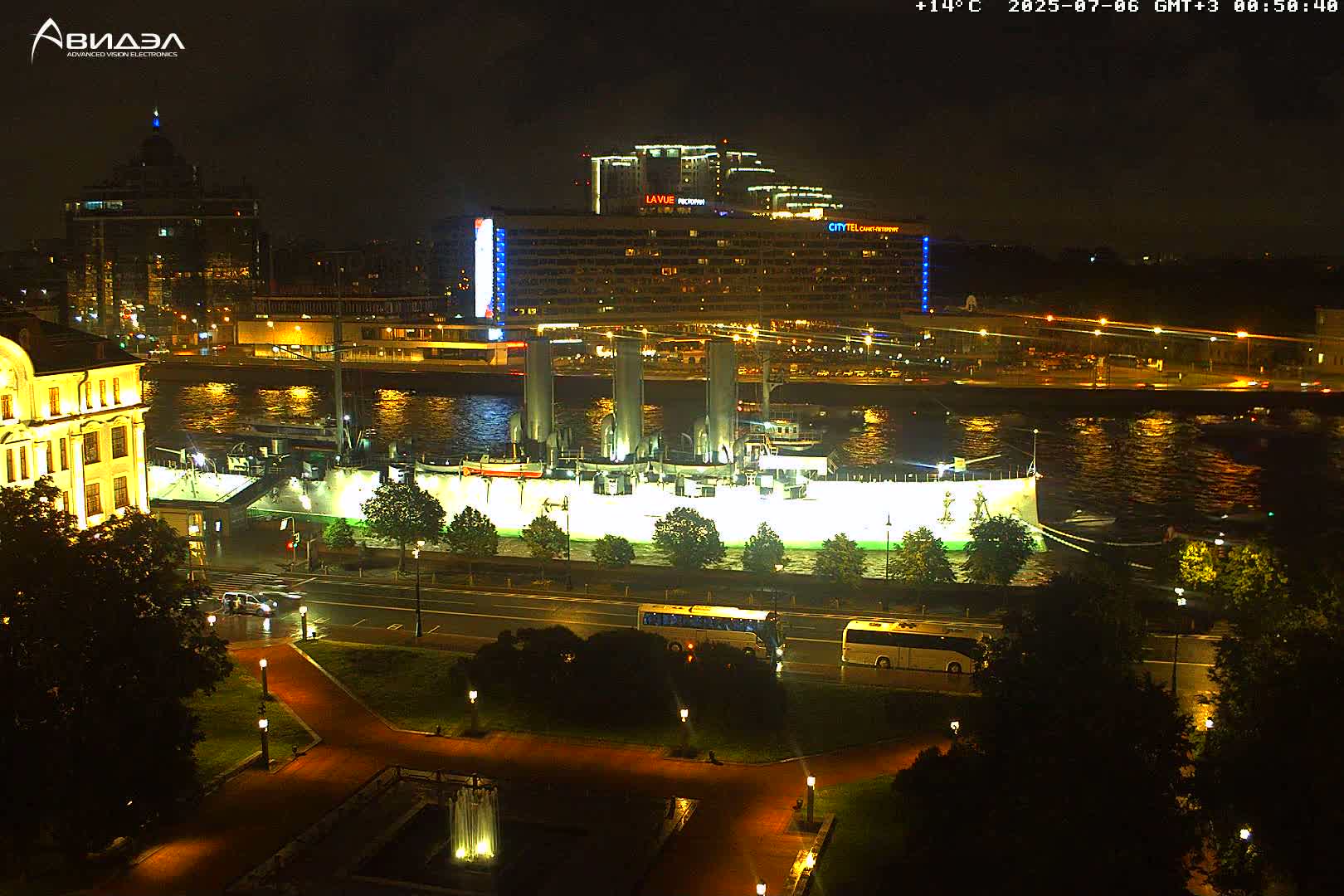 Museum of Russian Historic Cruiser Ship/Aurora Concert Hall & East St. Petersburg Skyline Live Cam - Posadsky, Petrogradsky, Saint Petersburg, Northwestern (Severo-Zapadnyy), Russia