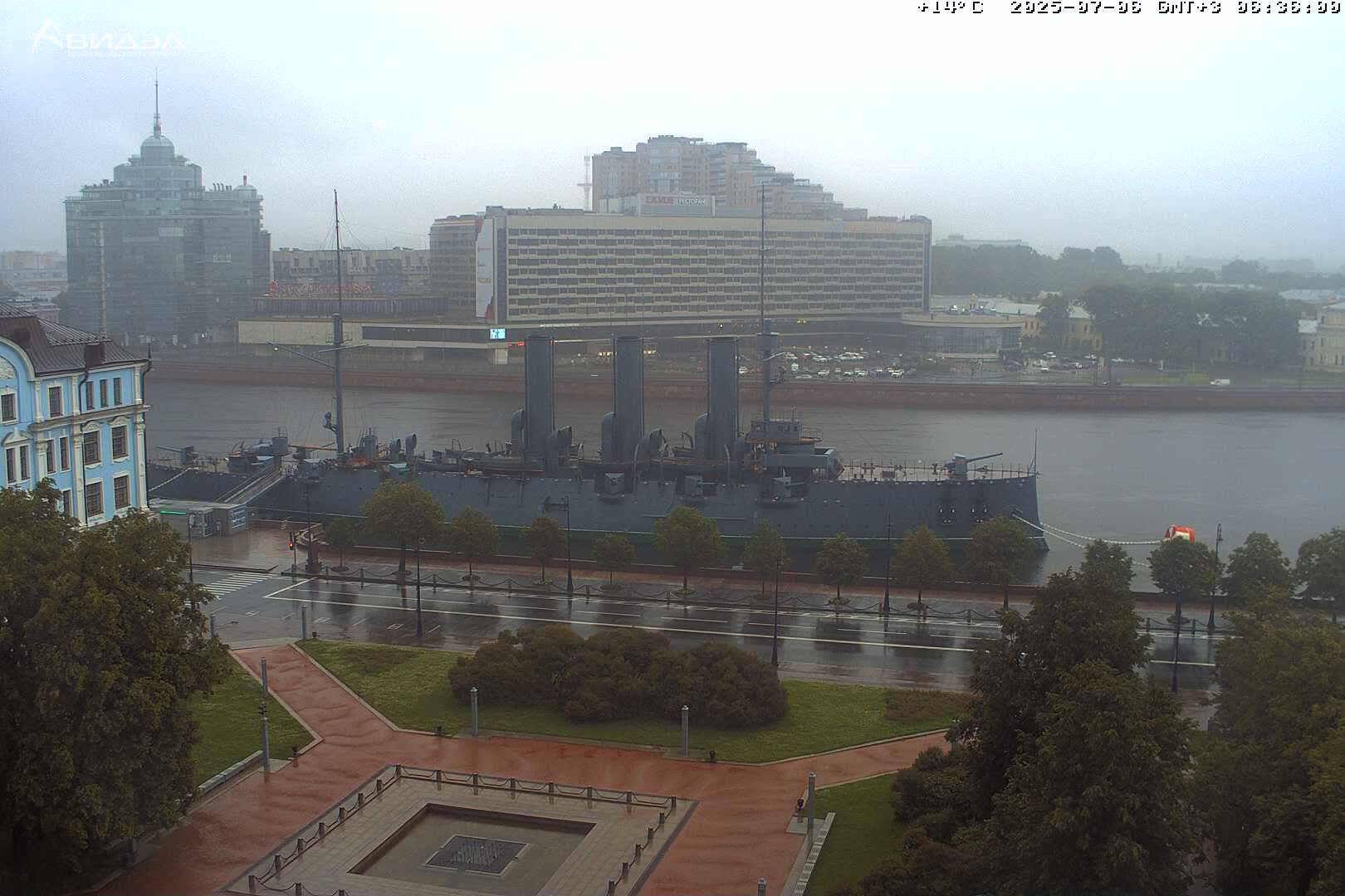 Museum of Russian Historic Cruiser Ship/Aurora Concert Hall & East St. Petersburg Skyline Live Cam - Posadsky, Petrogradsky, Saint Petersburg, Northwestern (Severo-Zapadnyy), Russia