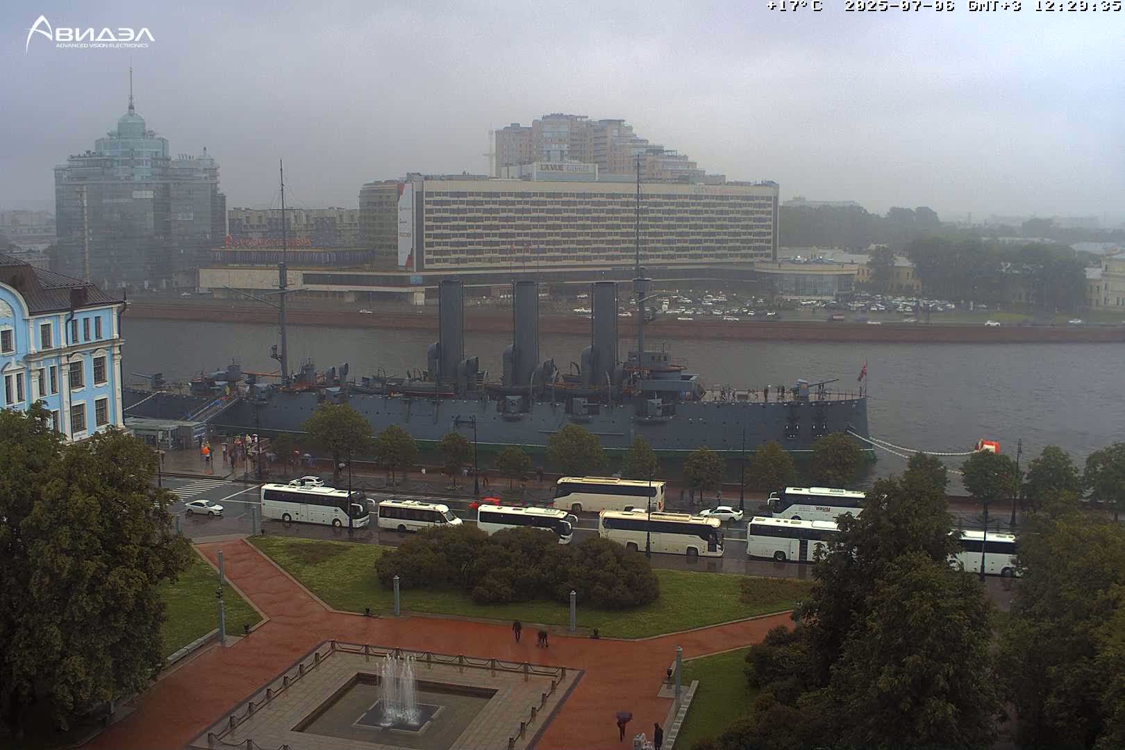 Museum of Russian Historic Cruiser Ship/Aurora Concert Hall & East St. Petersburg Skyline Live Cam - Posadsky, Petrogradsky, Saint Petersburg, Northwestern (Severo-Zapadnyy), Russia