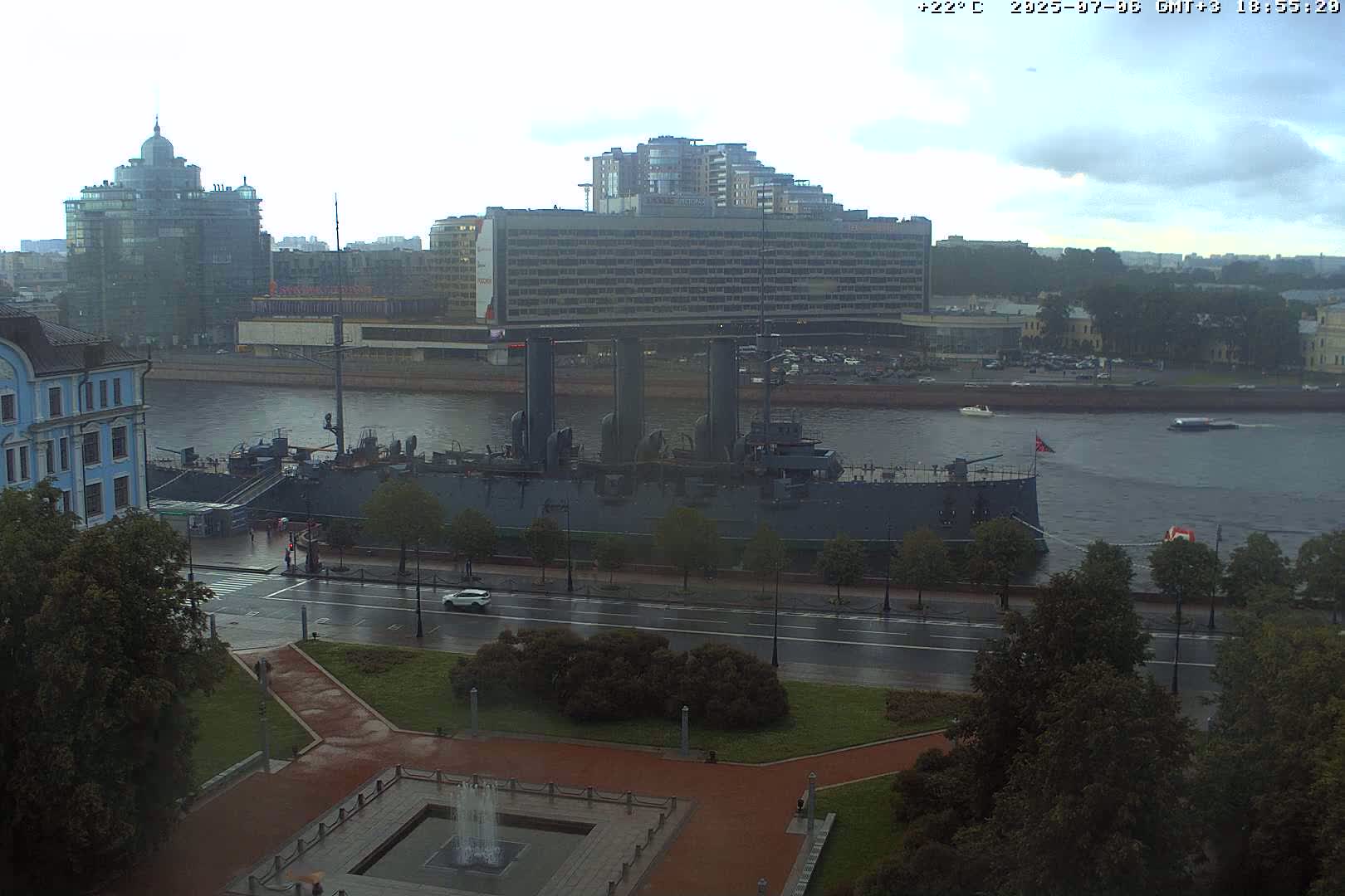 Museum of Russian Historic Cruiser Ship/Aurora Concert Hall & East St. Petersburg Skyline Live Cam - Posadsky, Petrogradsky, Saint Petersburg, Northwestern (Severo-Zapadnyy), Russia