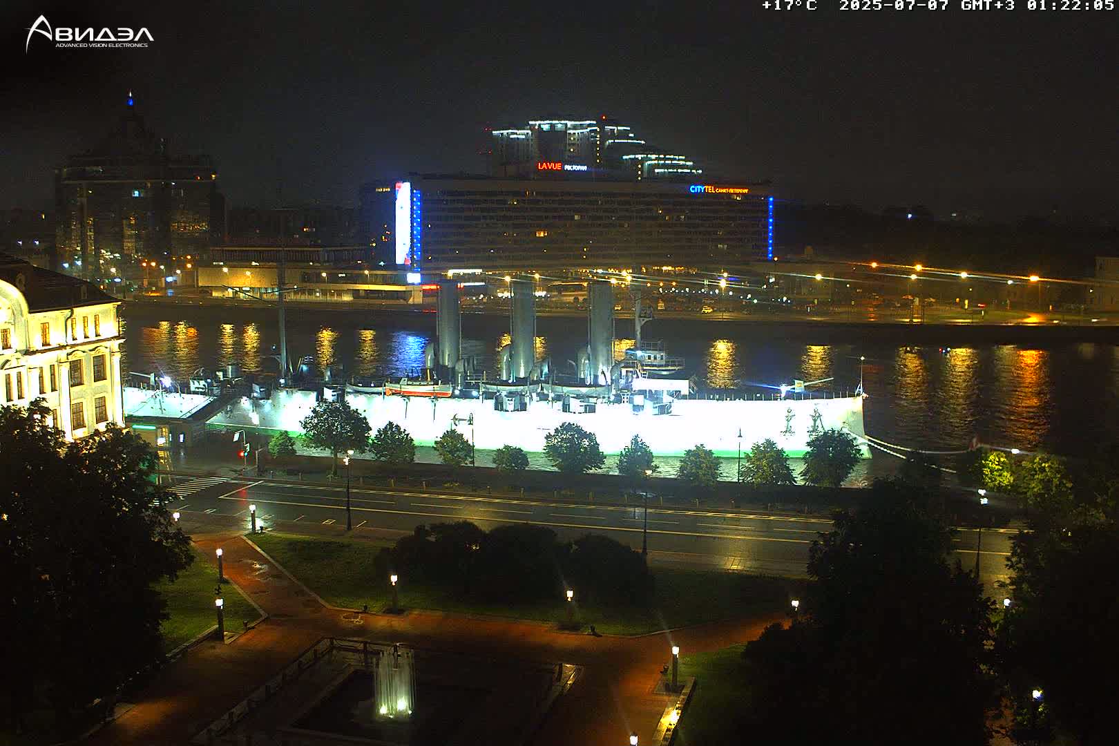 Museum of Russian Historic Cruiser Ship/Aurora Concert Hall & East St. Petersburg Skyline Live Cam - Posadsky, Petrogradsky, Saint Petersburg, Northwestern (Severo-Zapadnyy), Russia