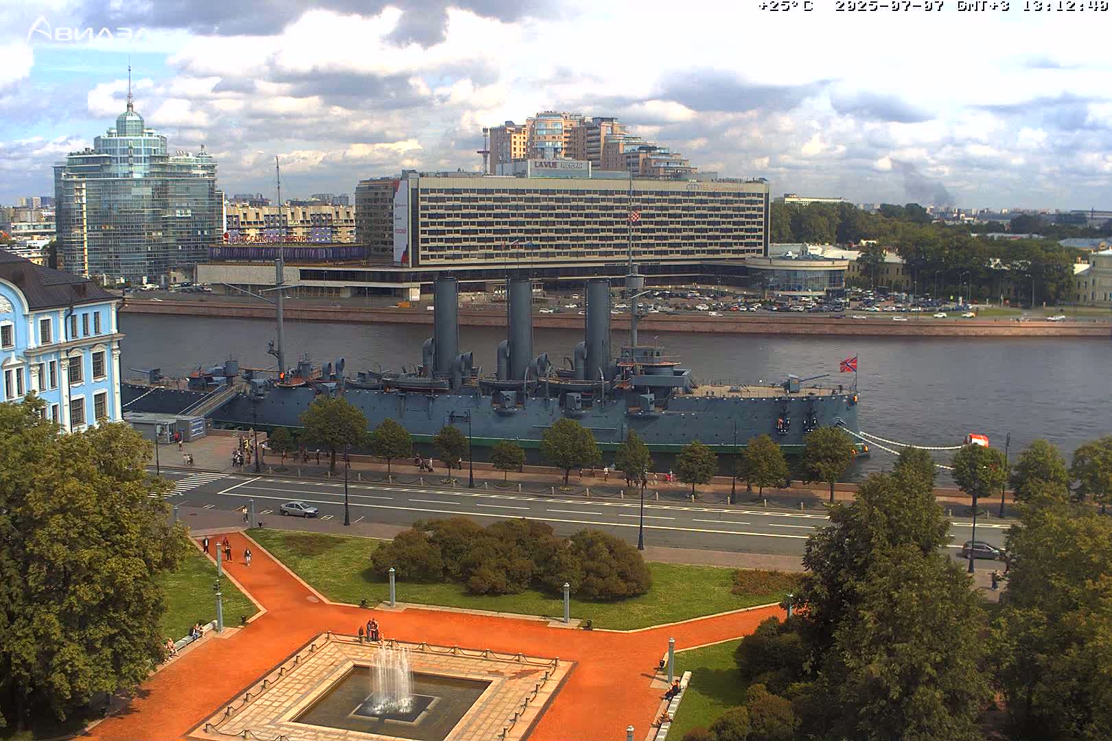 Museum of Russian Historic Cruiser Ship/Aurora Concert Hall & East St. Petersburg Skyline Live Cam - Posadsky, Petrogradsky, Saint Petersburg, Northwestern (Severo-Zapadnyy), Russia