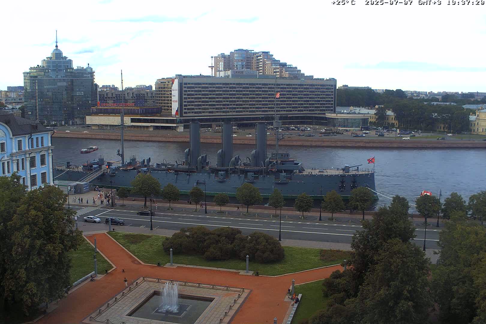 Museum of Russian Historic Cruiser Ship/Aurora Concert Hall & East St. Petersburg Skyline Live Cam - Posadsky, Petrogradsky, Saint Petersburg, Northwestern (Severo-Zapadnyy), Russia