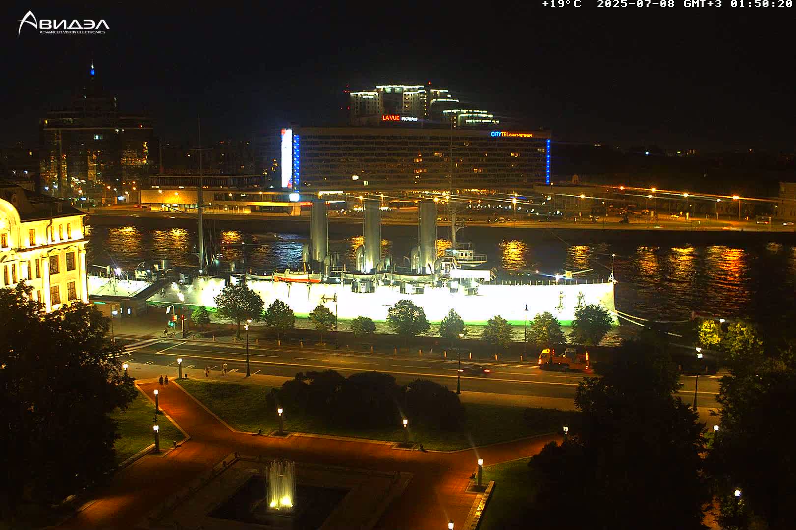 Museum of Russian Historic Cruiser Ship/Aurora Concert Hall & East St. Petersburg Skyline Live Cam - Posadsky, Petrogradsky, Saint Petersburg, Northwestern (Severo-Zapadnyy), Russia