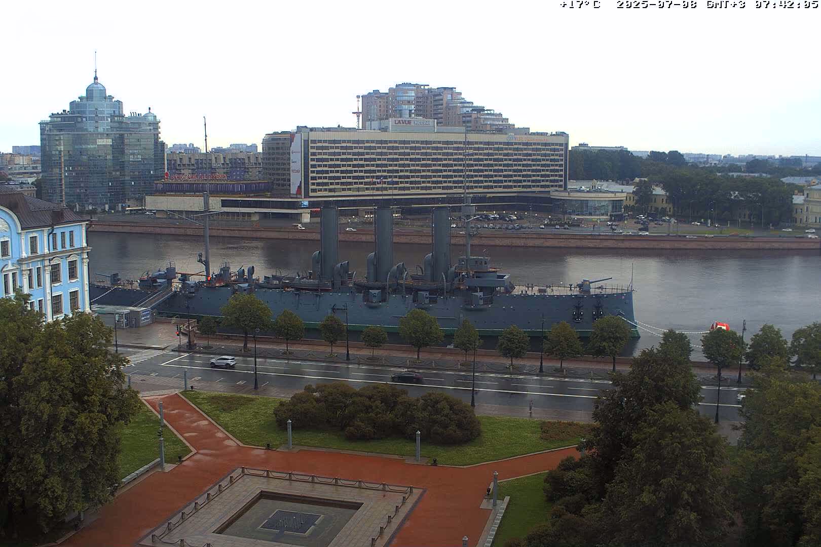 Museum of Russian Historic Cruiser Ship/Aurora Concert Hall & East St. Petersburg Skyline Live Cam - Posadsky, Petrogradsky, Saint Petersburg, Northwestern (Severo-Zapadnyy), Russia