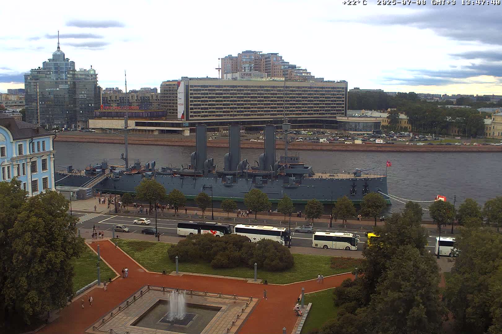 Museum of Russian Historic Cruiser Ship/Aurora Concert Hall & East St. Petersburg Skyline Live Cam - Posadsky, Petrogradsky, Saint Petersburg, Northwestern (Severo-Zapadnyy), Russia