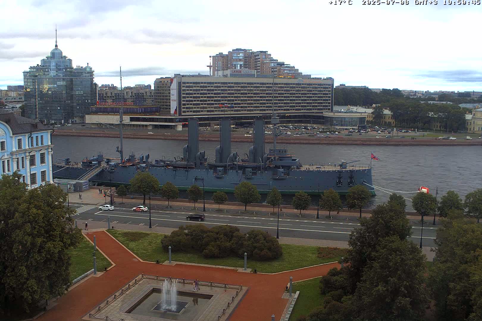 Museum of Russian Historic Cruiser Ship/Aurora Concert Hall & East St. Petersburg Skyline Live Cam - Posadsky, Petrogradsky, Saint Petersburg, Northwestern (Severo-Zapadnyy), Russia