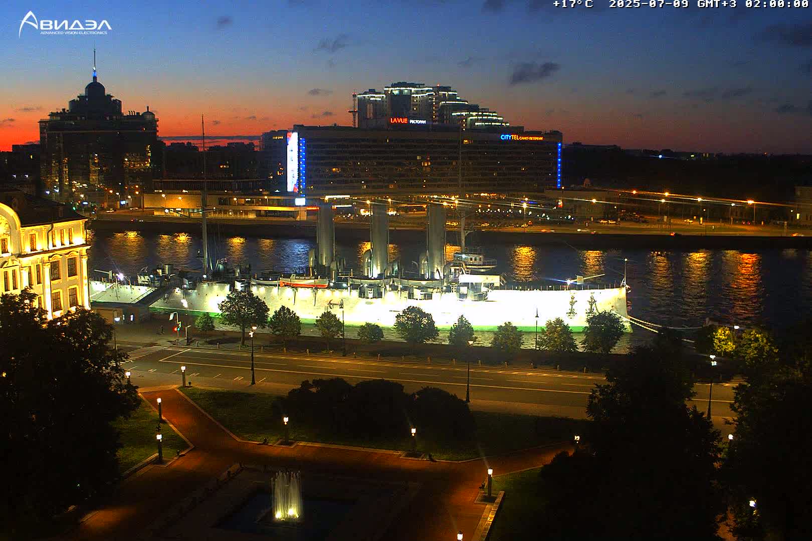 Museum of Russian Historic Cruiser Ship/Aurora Concert Hall & East St. Petersburg Skyline Live Cam - Posadsky, Petrogradsky, Saint Petersburg, Northwestern (Severo-Zapadnyy), Russia