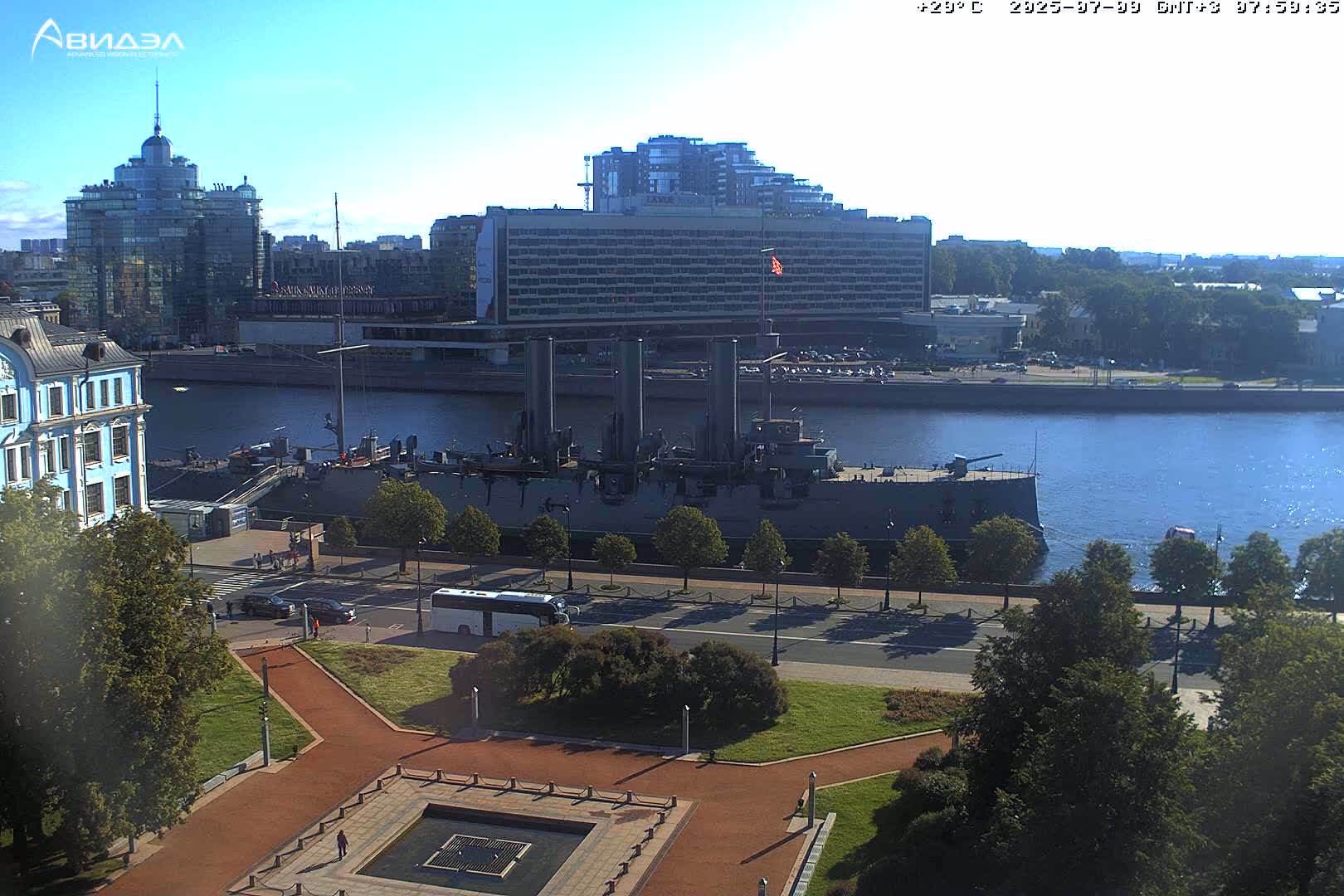 Museum of Russian Historic Cruiser Ship/Aurora Concert Hall & East St. Petersburg Skyline Live Cam - Posadsky, Petrogradsky, Saint Petersburg, Northwestern (Severo-Zapadnyy), Russia