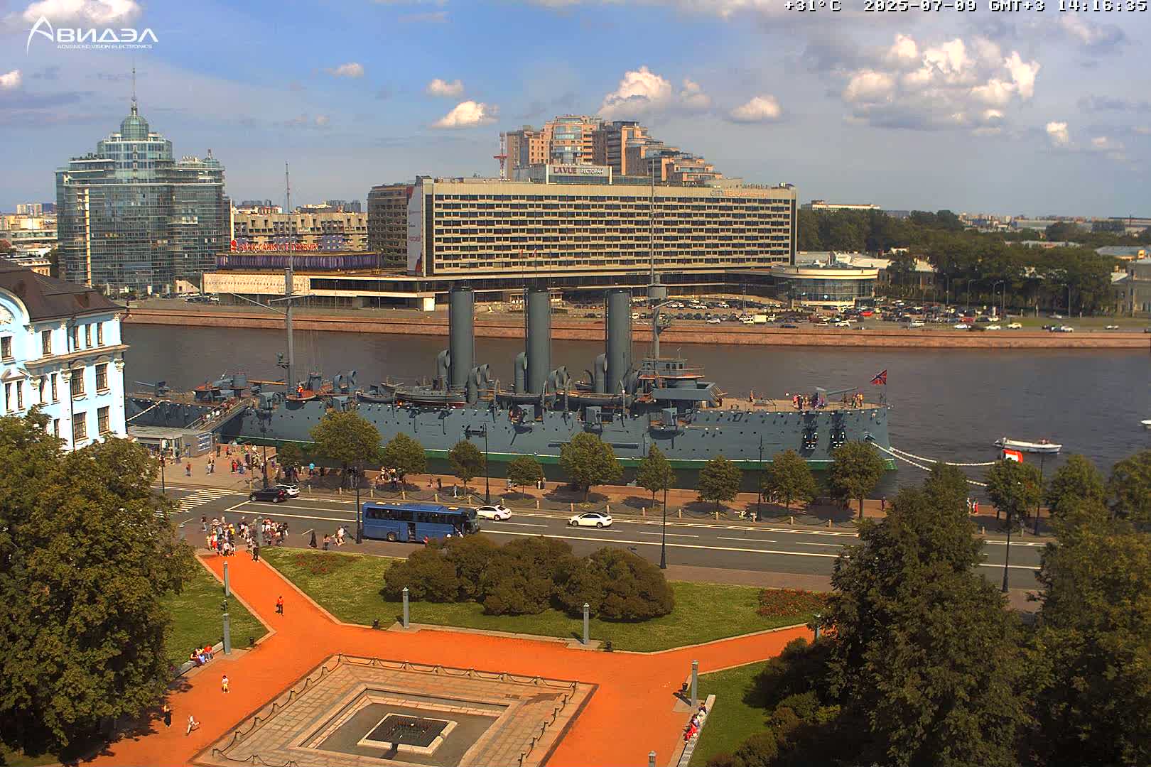 Museum of Russian Historic Cruiser Ship/Aurora Concert Hall & East St. Petersburg Skyline Live Cam - Posadsky, Petrogradsky, Saint Petersburg, Northwestern (Severo-Zapadnyy), Russia