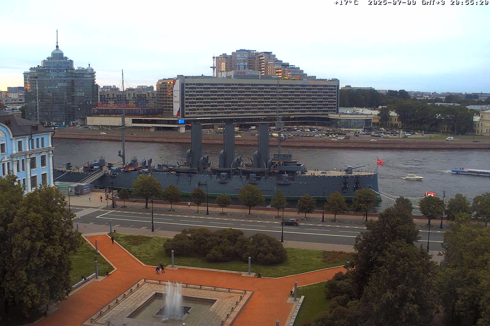 Museum of Russian Historic Cruiser Ship/Aurora Concert Hall & East St. Petersburg Skyline Live Cam - Posadsky, Petrogradsky, Saint Petersburg, Northwestern (Severo-Zapadnyy), Russia