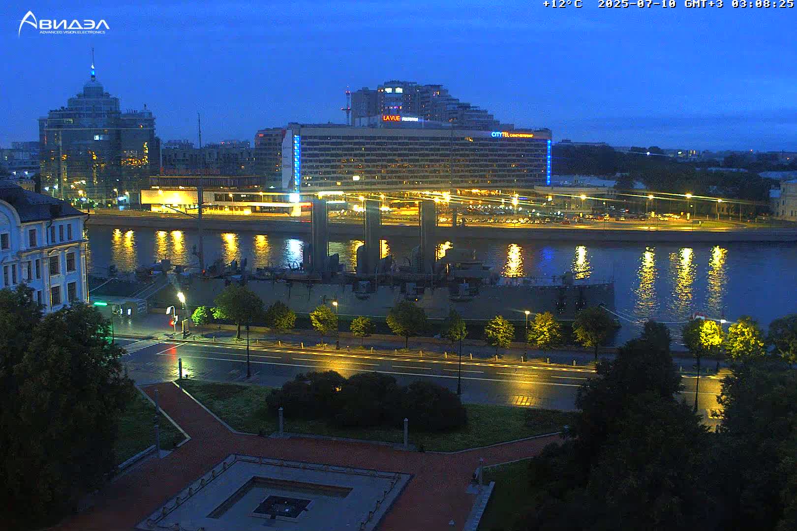 Museum of Russian Historic Cruiser Ship/Aurora Concert Hall & East St. Petersburg Skyline Live Cam - Posadsky, Petrogradsky, Saint Petersburg, Northwestern (Severo-Zapadnyy), Russia