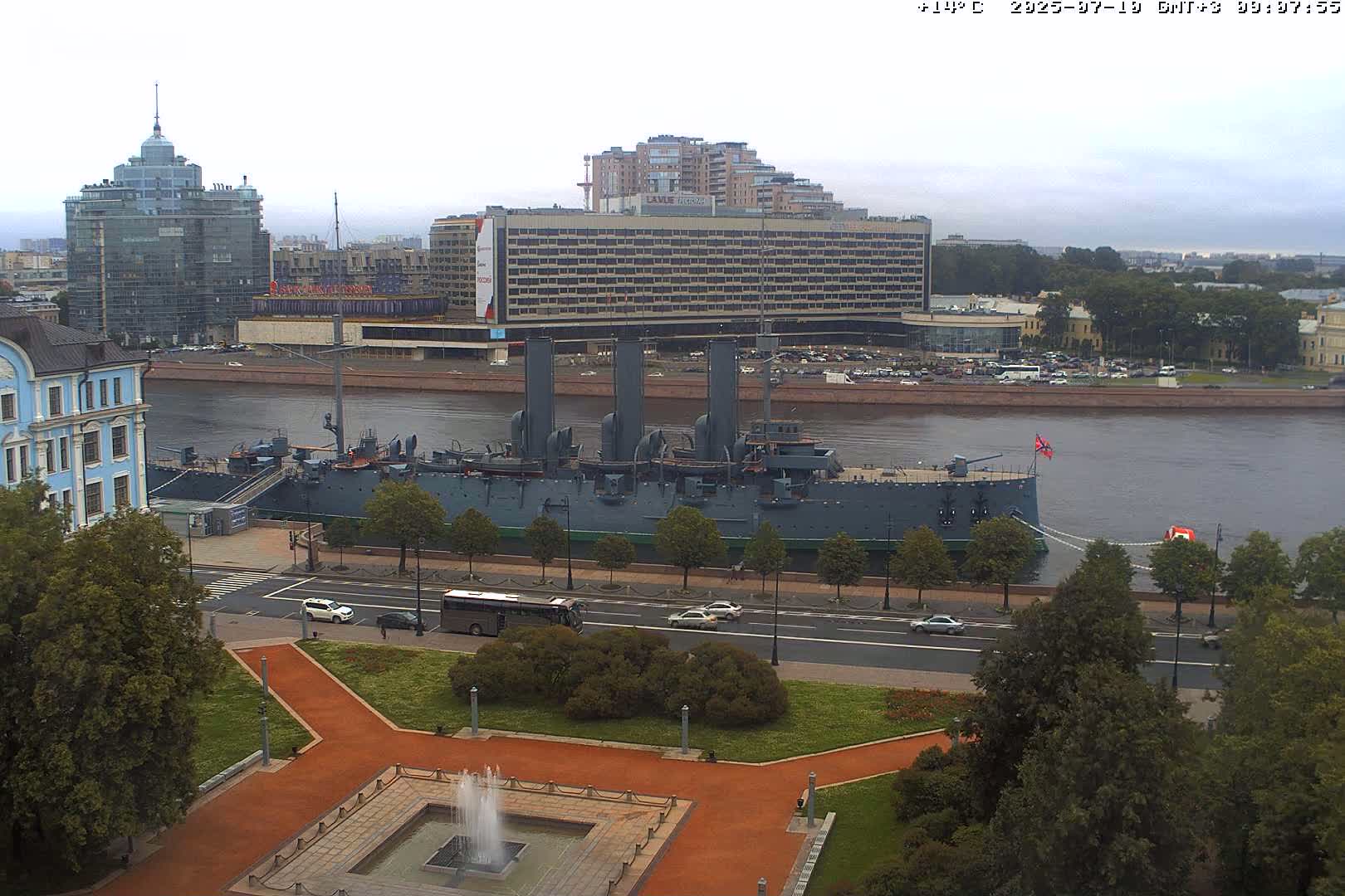 Museum of Russian Historic Cruiser Ship/Aurora Concert Hall & East St. Petersburg Skyline Live Cam - Posadsky, Petrogradsky, Saint Petersburg, Northwestern (Severo-Zapadnyy), Russia
