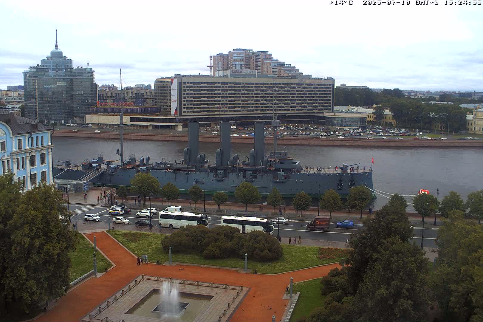 Museum of Russian Historic Cruiser Ship/Aurora Concert Hall & East St. Petersburg Skyline Live Cam - Posadsky, Petrogradsky, Saint Petersburg, Northwestern (Severo-Zapadnyy), Russia