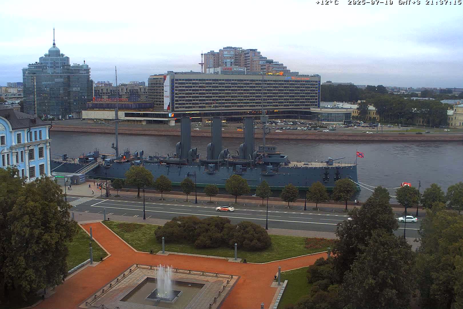 Museum of Russian Historic Cruiser Ship/Aurora Concert Hall & East St. Petersburg Skyline Live Cam - Posadsky, Petrogradsky, Saint Petersburg, Northwestern (Severo-Zapadnyy), Russia