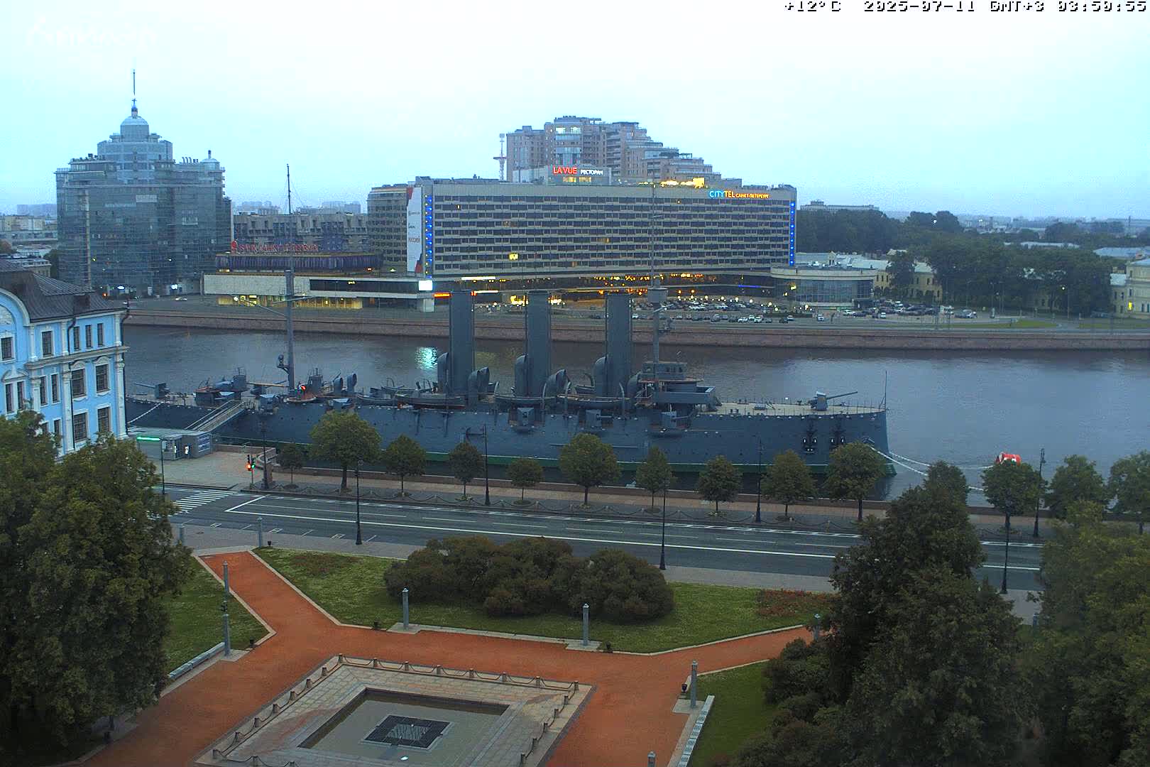 Museum of Russian Historic Cruiser Ship/Aurora Concert Hall & East St. Petersburg Skyline Live Cam - Posadsky, Petrogradsky, Saint Petersburg, Northwestern (Severo-Zapadnyy), Russia
