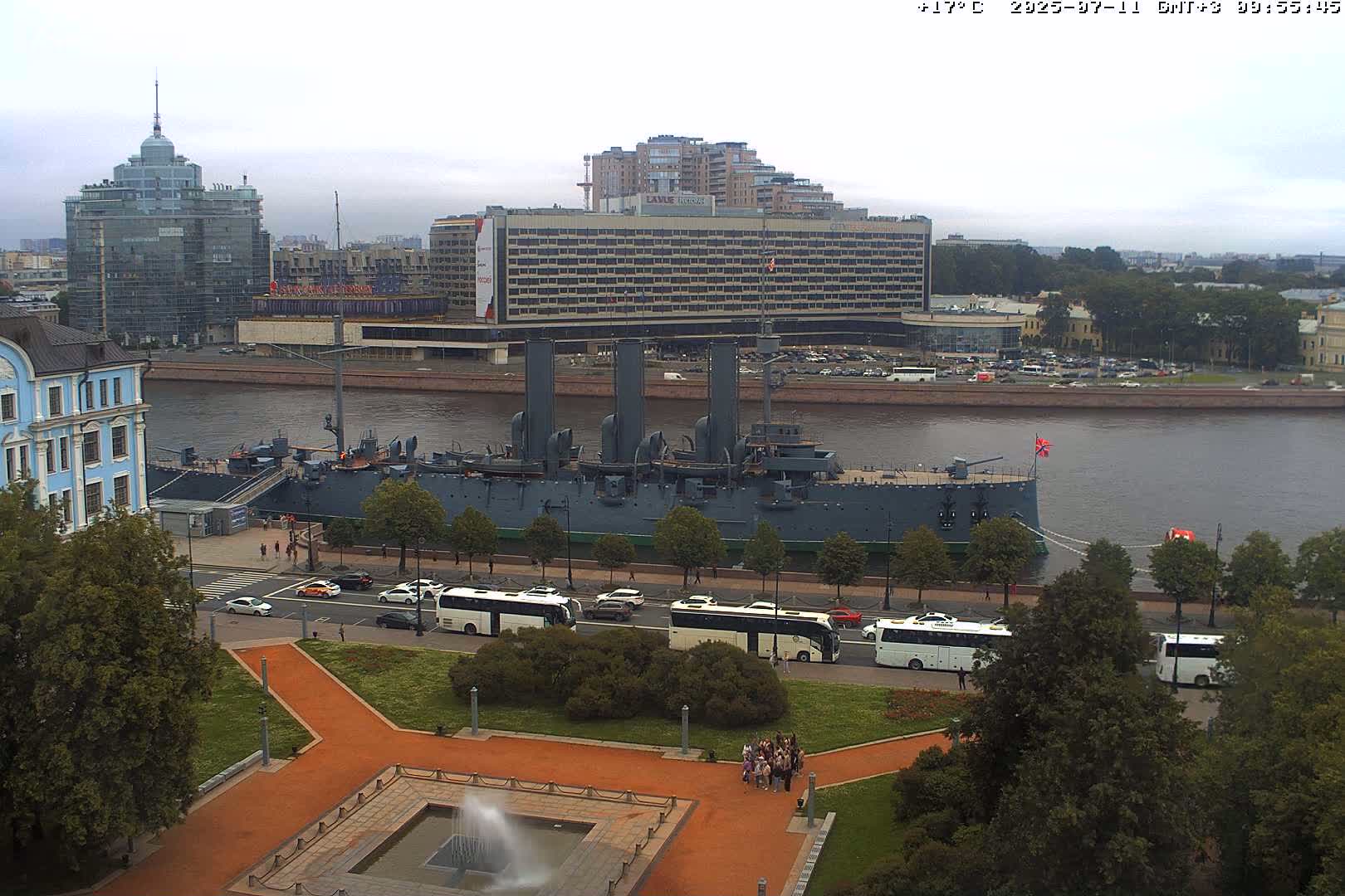 Museum of Russian Historic Cruiser Ship/Aurora Concert Hall & East St. Petersburg Skyline Live Cam - Posadsky, Petrogradsky, Saint Petersburg, Northwestern (Severo-Zapadnyy), Russia